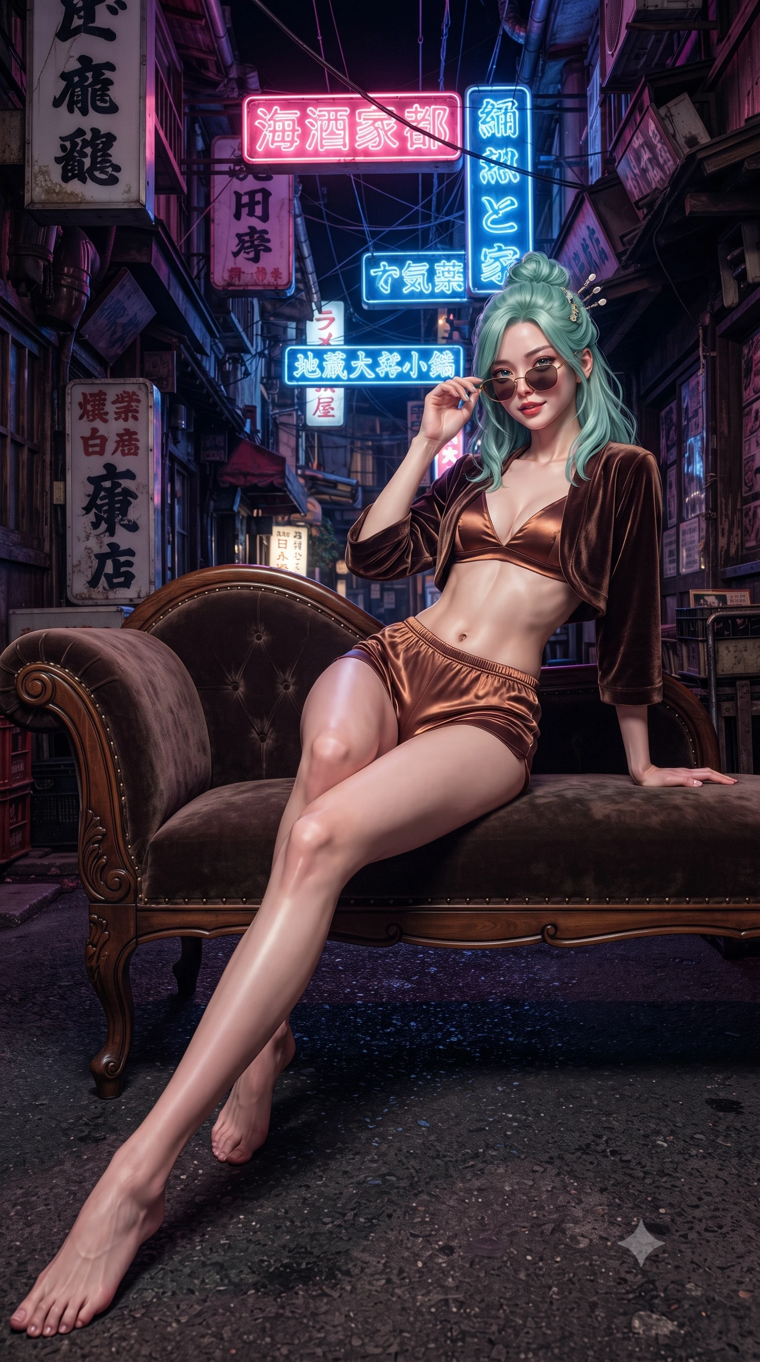 score_9, masterpiece, best quality, ultra-detailed, high-budget anime keyframe, editorial fashion photography, tasteful artistic composition, Japanese woman. low angle full-body shot from head to toe showing her feet, filling the entire 9:16 vertical frame with her statuesque presence, stretching her vertical silhouette. reclining gracefully across the plush chaise lounge with one leg extended, her sculpted silhouette and flat midriff radiating magnetic nocturnal glamour while twisting her slender torso in an alluring contrapposto stance beneath hanging neon signs, fingers adjusting her retro sunglasses with a smirk. The surrounding environment is rendered in vivid detail and crisp panoramic clarity: detailed vinyl mini-skirt shine, subtle mesh fabric texture, and authentic Showa-era alley architecture in razor-sharp precision. She has an absolutely perfect, statuesque 8.5-heads proportion, an exceptionally tall and slender model-like female figure with impossibly long slender legs, an ultra-slim waist, a flat toned midriff, narrow delicate ribcage, and beautifully sculpted feminine hips creating a graceful, slim hourglass silhouette without any bulky heaviness. sharp v-shaped jawline, high-bridge nose, sparkling eyes with hypnotic seductive depth, thick curled eyelashes, glossy parted lips with a natural dewy peach sheen, alluring bedroom-eyes with an enchanting coquettish smile, exuding magnetic siren charisma and sophisticated glamour, flawlessly proportioned anatomical accuracy, strict slender model proportions, natural body alignment, perfectly sculpted long slender limbs, ultra-slim waistline, clean dynamic posture without body distortion. wearing a modern two-piece royal silk loungewear set featuring an open-front short bolero and form-fitting silk hot-pants in sultry espresso bronze and metallic copper, tailored from ultra-plush velvet with rich tactile depth and deep shadow gradients, finished with delicate mother-of-pearl hairpin ornaments glinting in her dark glossy hair, the second-skin tailored fabric adhering flawlessly to her sculpted flat midriff and slender torso, emphasizing her long leg lines and perfectly proportioned willowy build. bathed in saturated neon pink and cobalt blue light spilling horizontally from arcade marquees. ultra-reflective glossy finish, specular highlights, rich textural contrasts, high-contrast stereoscopic depth, volumetric dynamic lighting, 2k, ultra detail, master piece, 9:16 ratio