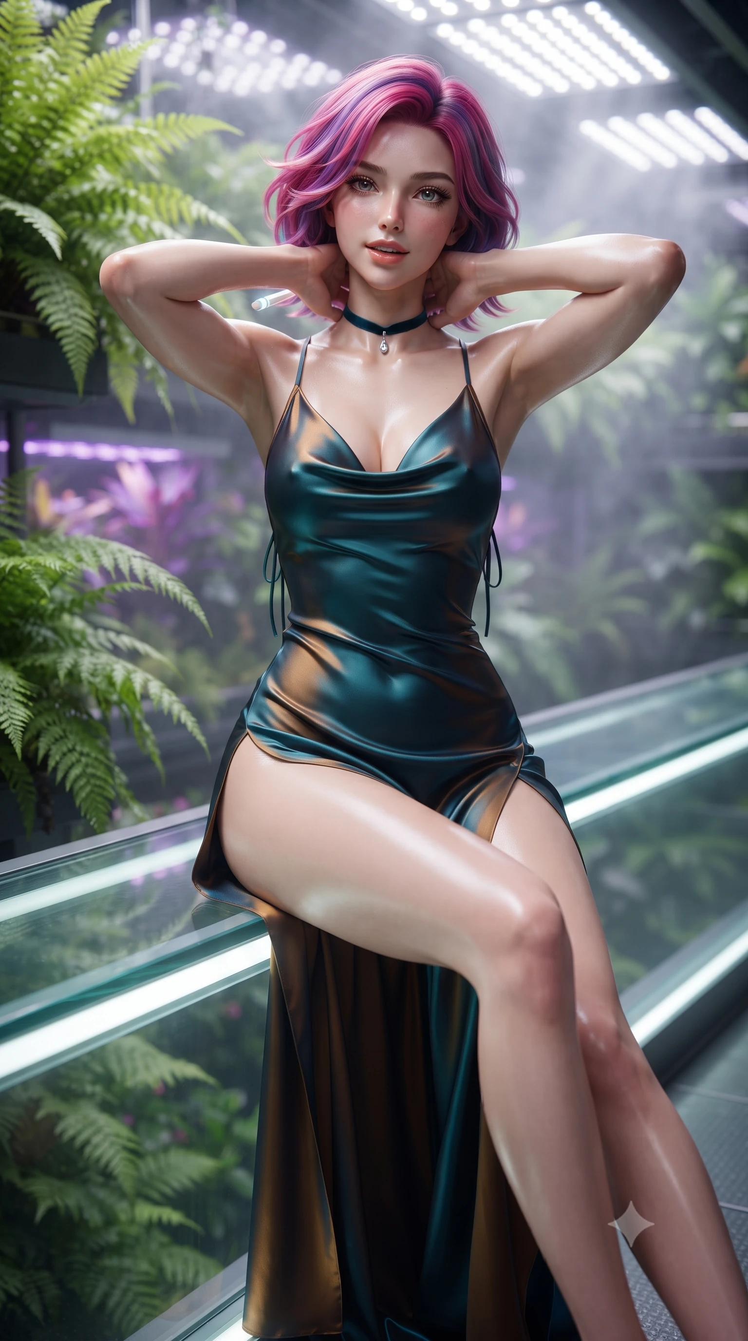 score_9, masterpiece, best quality, ultra-detailed, high-budget anime keyframe, editorial fashion photography, tasteful artistic composition, Caucasian woman. close-up cowboy shot from the waist and thighs up, the character dominates the composition, filling the frame with her large presence. resting both hands lightly behind her neck with elbows raised, arching her spine to highlight her narrow waist, flat midriff, and breathtaking collarbones while perched sideways on the glass bridge curb with legs extended gracefully, holding an illuminated data stylus with effortless cool. The background shows a soft-focus multi-story living vertical gardens with lush ferns, pulsed ultraviolet grow-lights, and misty air blurred into chartreuse, violet, and silver bokeh. She has an exceptionally elegant, slender, and willowy female figure with an ultra-slim waist, flat toned midriff, narrow ribcage, and sculpted feminine hips creating an alluring, slim hourglass silhouette without bulk. sharp v-shaped jawline, high-bridge nose, sparkling eyes with hypnotic seductive depth, thick curled eyelashes, glossy parted lips with a natural dewy peach sheen, alluring bedroom-eyes with an enchanting coquettish smile, exuding magnetic siren charisma and sophisticated glamour, flawlessly proportioned anatomical accuracy, strict slender model proportions, natural body alignment, perfectly sculpted long slender limbs, ultra-slim waistline, clean dynamic posture without body distortion. wearing a plunging cowl-neck liquid silk satin slip gown with daring hip-high double slits and delicate back ties in deep peacock teal and burnished antique brass, crafted from fluid liquid silk satin that clings smoothly to every curve with a dewy sheen, finished with a thin velvet ribbon choker and a single teardrop diamond pendant, the form-contouring silhouette accentuating her sculpted flat midriff, narrow delicate ribcage, and gracefully curvy hips with intoxicating allure. bathed in specialized ultraviolet and cool daylight grow-lighting arrays mixed with bridge floor LED strips. ultra-reflective glossy finish, specular highlights, rich textural contrasts, high-contrast stereoscopic depth, volumetric dynamic lighting, 2k, ultra detail, master piece, 9:16 ratio