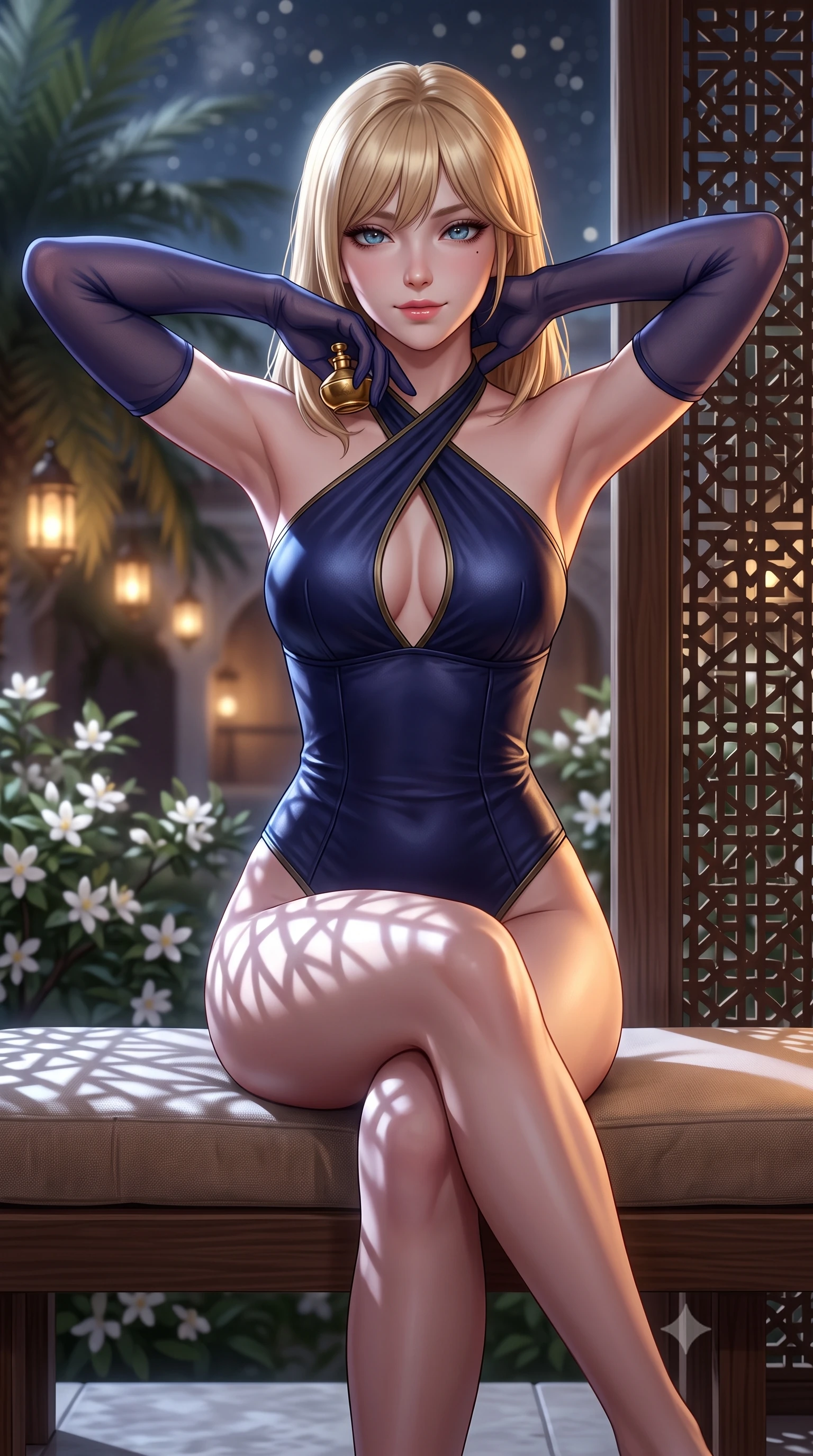 score_9, masterpiece, best quality, ultra-detailed, high-budget anime keyframe, semi-realistic 3D game render, editorial fashion photography, tasteful artistic composition, Japanese woman. close-up cowboy shot from the waist and thighs up, the character dominates the composition, filling the frame with her large presence. resting both hands lightly behind her neck with elbows raised, arching her spine to highlight her narrow waist, flat midriff, and breathtaking collarbones while sitting poised on the low cushioned cedar bench with legs crossed, holding a brass perfume vial with dangerous coquettish allure. The background shows a soft-focus blooming white orange blossom trees in courtyard below, flickering lantern glows among palm fronds, and starry sky blurred into honey, ivory, and obsidian bokeh. She has an exceptionally elegant, slender, and willowy female figure with an ultra-slim waist, flat toned midriff, narrow ribcage, and sculpted feminine hips creating an alluring, slim hourglass silhouette without bulk. sharp v-shaped jawline, high-bridge nose, sparkling eyes with hypnotic seductive depth, thick curled eyelashes, glossy parted lips with a natural dewy peach sheen, alluring bedroom-eyes with an enchanting coquettish smile, exuding magnetic siren charisma and sophisticated glamour, flawlessly proportioned anatomical accuracy, strict slender model proportions, natural body alignment, perfectly sculpted long slender limbs, ultra-slim waistline, clean dynamic posture without body distortion. wearing a criss-cross halterneck keyhole bodysuit with open back and sculpted waist darts in Austrian opera midnight indigo and antique brass, woven from buttery-soft stretch lambskin leather adhering to her body like a second skin, complemented by sheer opera-length evening gloves tracing her slender arms, the liquid-tight tailored fabric clinging flawlessly to her narrow waist and rounded feminine hips, emphasizing every millimeter of her sculpted slim hourglass curves without any bulky heaviness. bathed in sharp geometric patterned light and shadow projected by moonlight streaming through the mashrabiya lattice. highly saturated vibrant anime colors, detailed shading with soft gradients, rich glossy textures, high-contrast stereoscopic depth, volumetric dynamic lighting, master piece, 9:16 ratio