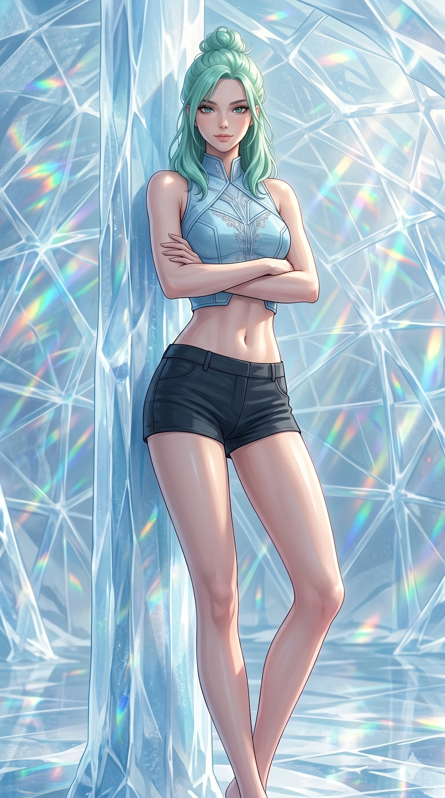 score_9, masterpiece, best quality, ultra-detailed, high-budget anime keyframe, editorial fashion photography, tasteful artistic composition, Japanese woman. cowboy shot from the thighs up, character and outfit filling the frame for maximum editorial presence. crossing her arms and leaning back, casting a cool, bedroom-eyes smile at the camera in a glacier ice dome with prismatic light refracting (Code-P17-109). She has an absolutely perfect 8-heads proportion, an exceptionally tall and slender female figure with impossibly long slender legs and an ultra-slim waist. V-shaped jawline, high-bridge nose, intricate jewel-like eyes with depth, thick eyelashes, glossy lips with a natural sheen. wearing a crop top showing her bare midriff and micro-shorts. drenched in soft morning sunshine, tracing her bare shoulders and clavicle lines. 2k, ultra detail, master piece, 9:16 ratio