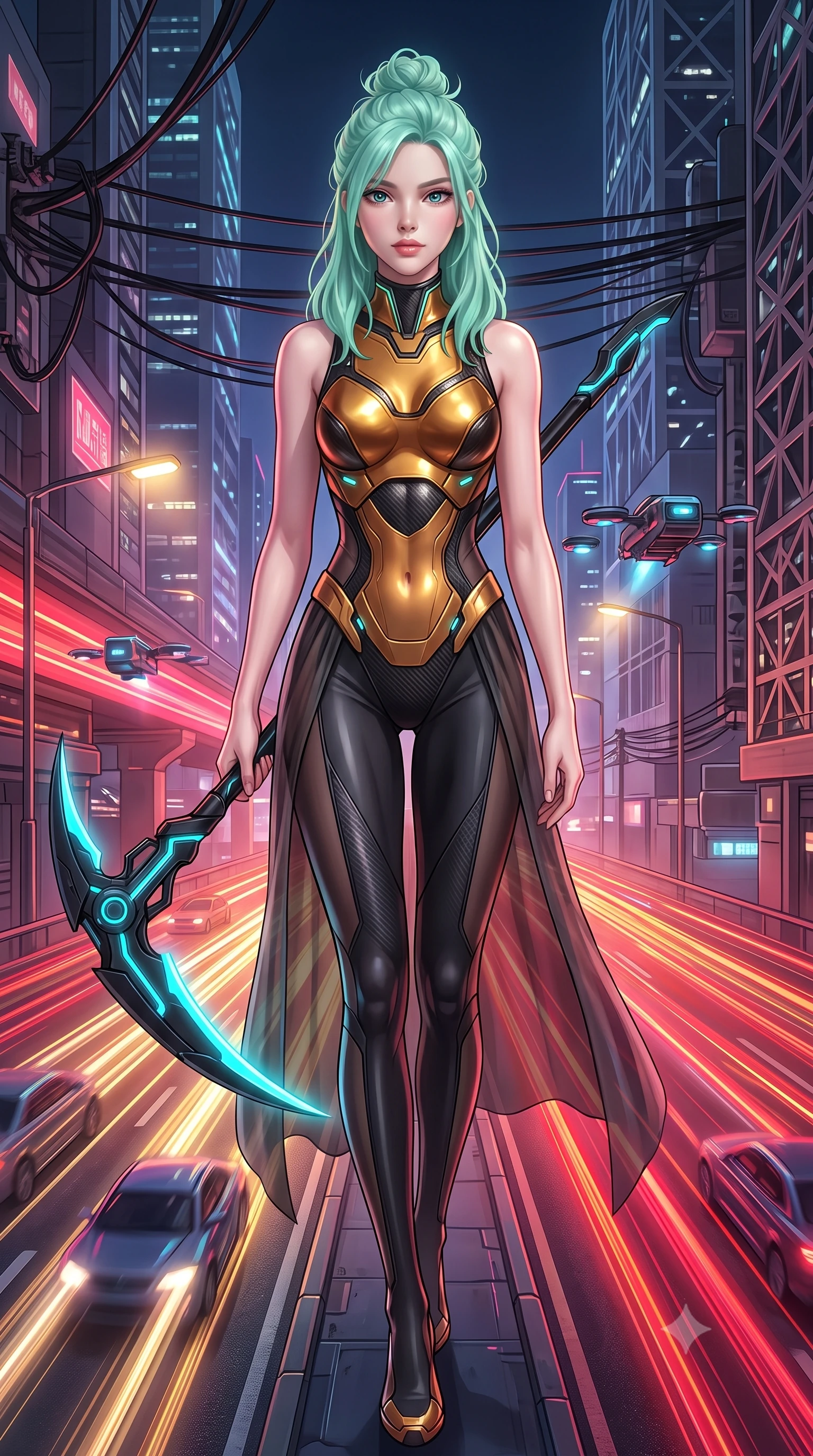 score_9, masterpiece, best quality, ultra-detailed, high-budget anime keyframe, semi-realistic 3D game render, editorial fashion photography, tasteful artistic composition, Japanese woman. low angle full-body shot from head to toe showing her feet, filling the entire 9:16 vertical frame with her statuesque presence, stretching her vertical silhouette. striding forward with commanding supermodel grace, weapon held at the ready, her 8.5-heads statuesque silhouette dominating the vertical frame from head to toe while striding commanding down an elevated neon-lit expressway as autonomous cyber-traffic speeds past in blurred light trails. The surrounding environment is rendered in vivid detail and crisp panoramic clarity. intricate hilt power cables, hovering traffic drones, and skyscraper facade lattices in high clarity. She has an absolutely perfect, statuesque 8.5-heads proportion, an exceptionally tall and slender model-like female figure with impossibly long slender legs, a toned flat midriff, and an ultra-slim waist. sharp v-shaped jawline, high-bridge nose, intricate jewel-like eyes with depth, thick eyelashes, glossy lips with a natural sheen, flawlessly proportioned anatomical accuracy, strict slender model proportions, natural body alignment, perfectly sculpted long slender limbs, ultra-slim waistline, clean dynamic posture without body distortion. wearing a sculpted molten-gold and dark carbon cuirass paired with high-mobility combat leggings and sheer side drapes, wielding a glowing plasma energy scythe with fluid grace in matte obsidian carbon black with electric cyan conduits, made of liquid carbon-jersey fabric adhering flawlessly to her sculpted silhouette, featuring a sleek aerodynamic collar framed by subtle glowing cybernetic status LEDs, the form-contouring material adhering flawlessly to her sculpted flat midriff and slender torso, emphasizing her long leg lines and perfectly proportioned willowy build. bathed in blazing neon crimson and golden traffic trail backlighting with crisp streetlamp fill. rich saturated anime colors with glowing neon highlights, detailed shading with soft gradients, rich glossy textures, high-contrast stereoscopic depth, volumetric dynamic lighting, master piece, 9:16 ratio