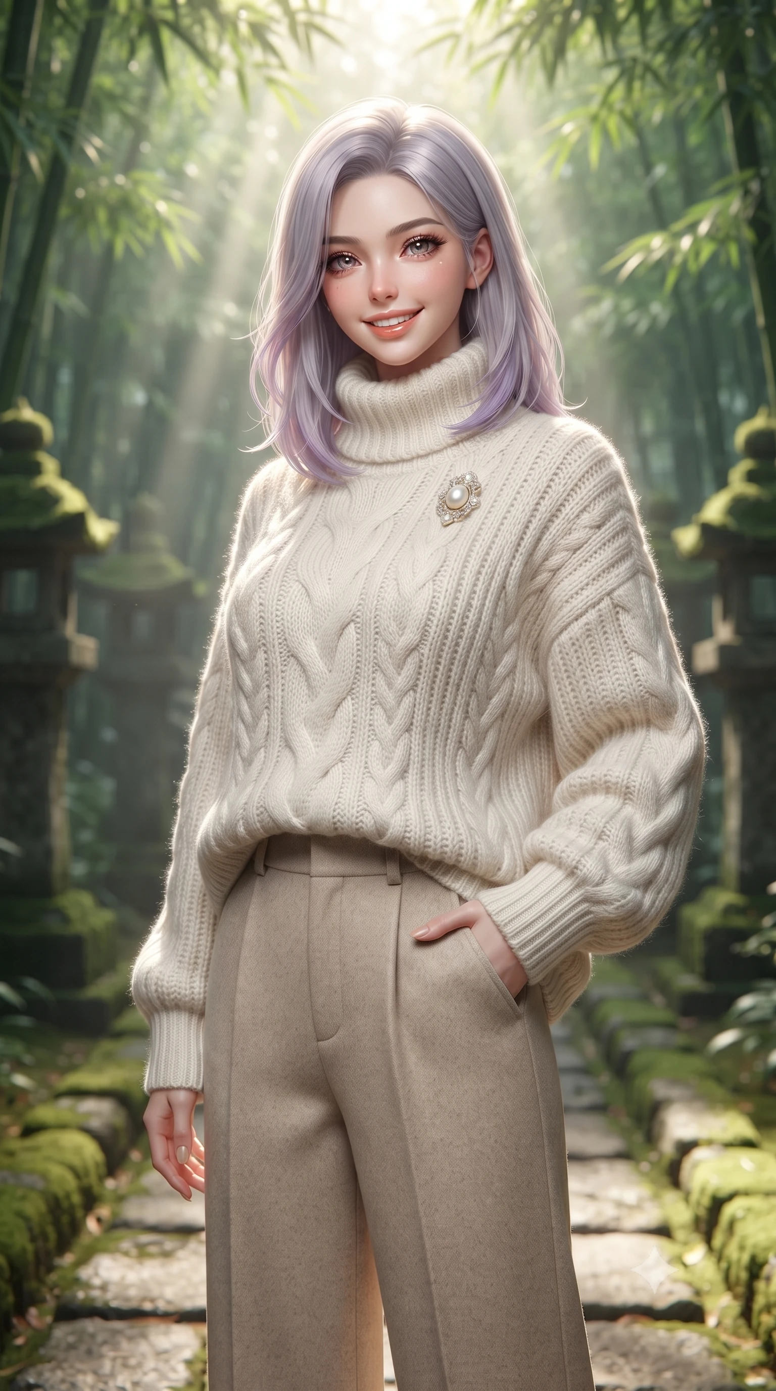 score_9, masterpiece, best quality, ultra-detailed, high-budget anime keyframe, editorial fashion photography, tasteful artistic composition, Caucasian woman. close-up cowboy shot from the waist and thighs up, the character dominates the composition, filling the frame with her large presence. standing poised with one hand slipped into her tailored trouser pocket, head tilted in a friendly, engaging expression while stepping gracefully along the moss-bordered stone path, her minimalist tailored coat creating a striking, slender vertical line. The background shows a soft-focus ancient mossy stone lanterns softened in mystical Japanese natural sanctuary shallow focus. She has an exceptionally elegant, slender, and willowy female figure with an ultra-slim waist, flat toned midriff, narrow ribcage, and sculpted feminine hips creating an alluring, slim hourglass silhouette without bulk. sharp v-shaped jawline, high-bridge nose, intricate jewel-like sparkling eyes with depth, thick eyelashes, glossy parted lips with a natural peach sheen, bright cheerful beaming smile with an enchanting and coquettish sensual glint, exuding both youthful cute charm and seductive allure, flawlessly proportioned anatomical accuracy, strict slender model proportions, natural body alignment, perfectly sculpted long slender limbs, ultra-slim waistline, clean dynamic posture without body distortion. wearing an oversized chunky cable-knit cashmere roll-neck sweater paired with brushed wool flannel wide-leg trousers in Swiss alpine snow white and oat cashmere, made of luxurious brushed wool flannel with rich textural depth and clean structure, complemented by an antique baroque pearl brooch pinned tastefully on the lapel, the precision-cut high-waisted tailoring accentuating her ultra-slim waist and long slender leg line with immaculate aristocratic poise. bathed in ethereal shafts of morning sunlight (komorebi) piercing through dense emerald bamboo canopies. ultra-reflective glossy finish, specular highlights, rich textural contrasts, high-contrast stereoscopic depth, volumetric dynamic lighting, 2k, ultra detail, master piece, 9:16 ratio