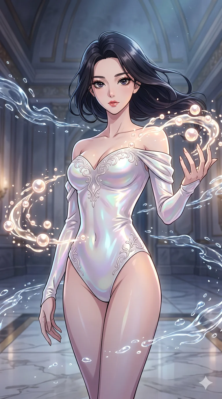 score_9, masterpiece, best quality, ultra-detailed, High-budget Anime Keyframe, vibrant colors, fluid line-art, expressive lighting, cinematic composition, Ufotable-style visual effects, top-tier animation quality, Korean woman with idol-like refined features. Medium shot from the thighs up, her commanding presence occupying two-thirds of the frame. Summoning a cascade of liquid pearls that orbit her like tiny, glowing planets. She has an absolutely perfect 8-heads proportion, an exceptionally tall and slender female figure with impossibly long slender legs and an ultra-slim waist, her statuesque height and towering silhouette dominating the vertical 9:16 frame. Her face is a masterpiece featuring a sharp v-shaped jawline, high-bridge nose, intricate jewel-like eyes with depth, thick eyelashes, and glossy lips with a natural sheen. She is wearing a Liquid pearl fabric bodysuit that shimmers with an iridescent sheen, with elegant off-shoulder sleeves. The scene is set in a chamber of echoes where every sound creates beautiful liquid patterns in the air. 2k, ultra detail, master piece, 9:16 ratio