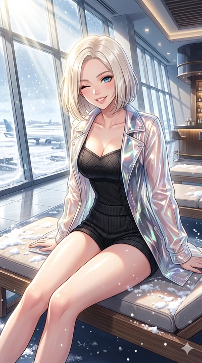 score_9, masterpiece, best quality, ultra-detailed, high-budget anime keyframe, vibrant anime aesthetic, Caucasian woman, strictly human ears. cowboy shot from the thighs up, character and outfit filling the frame for maximum presence. She is sitting