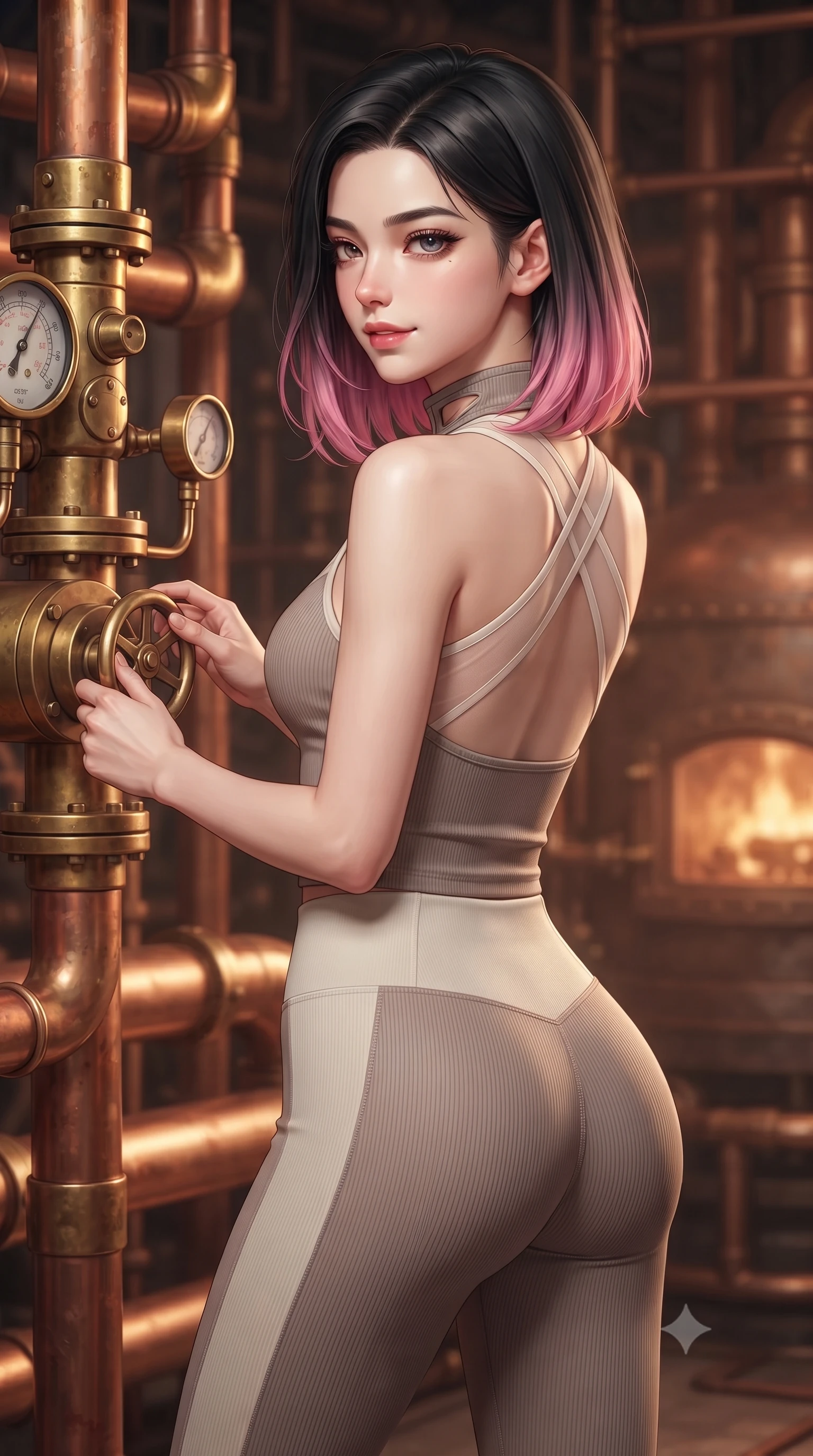 score_9, masterpiece, best quality, ultra-detailed, high-budget anime keyframe, editorial fashion photography, tasteful artistic composition, Korean woman. close-up cowboy shot from the waist and thighs up, the character dominates the composition, filling the frame with her large presence, background elements kept in soft focus. Glancing sidelong over her shoulder with a smoldering half-smile and heavy lashes adjusting a brass pressure dial inside a retro-futuristic power foundry, intricate copper pipes, rivets, and pressure gauges gleaming in furnace heat. She has an exceptionally elegant, slender, and willowy female figure with an ultra-slim waist, a gracefully sculpted slender torso, and a refined silhouette. sharp v-shaped jawline, high-bridge nose, intricate jewel-like eyes with depth, thick eyelashes, glossy lips with a natural sheen. wearing a form-fitting ribbed activewear set with collar cutouts in muted taupe and soft ivory, woven from fine semi-opaque sheer organza, complemented by criss-cross back straps highlighting her bare shoulders, the sleek second-skin texture accentuating her magnetic presence. surrounded by a warm, powerful industrial fantasy atmosphere. highly saturated vibrant anime colors, detailed shading with soft gradients, rich glossy textures, high-contrast stereoscopic depth, volumetric dynamic lighting, master piece, 9:16 ratio