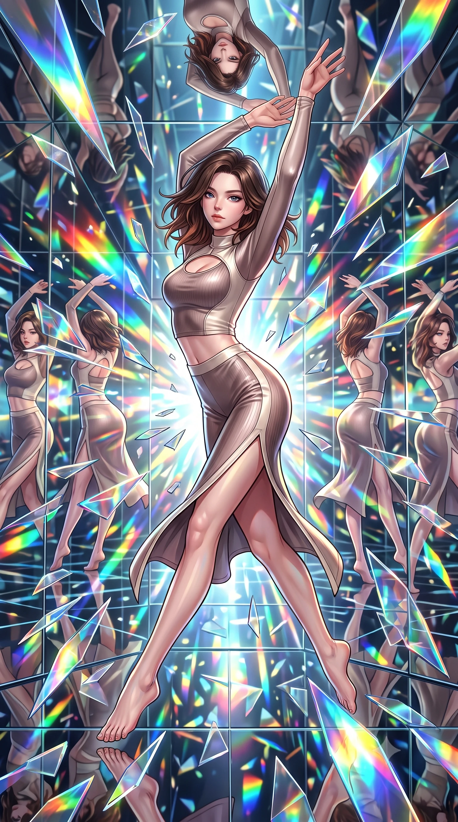 score_9, masterpiece, best quality, ultra-detailed, high-budget anime keyframe, editorial fashion photography, tasteful artistic composition, Korean woman. low angle full-body shot from head to toe showing her feet, filling the entire 9:16 vertical frame with her statuesque presence, stretching her vertical silhouette. performing an athletic mid-air rotation with flawless poise, her vertical silhouette beautifully stretched while leaping through a kaleidoscope mirror corridor as her reflection multiplies endlessly, shattered mirror shards scattering brilliant rainbow reflections everywhere. She has an absolutely perfect, statuesque 8.5-heads proportion, an exceptionally tall and slender model-like female figure with impossibly long slender legs and an ultra-slim waist. sharp v-shaped jawline, high-bridge nose, intricate jewel-like eyes with depth, thick eyelashes, glossy lips with a natural sheen, flawlessly proportioned anatomical accuracy, natural body alignment, perfectly sculpted elegant limbs, clean dynamic posture without body distortion. wearing a form-fitting ribbed activewear set with elegant collar cutouts in muted taupe and soft ivory, crafted from lustrous satin jersey with fluid draping, finished with a sleek side slit ascending to mid-thigh, the sleek second-skin texture accentuating her magnetic presence. bathed in brilliant multi-color rainbow light refracting through mirror fragments. highly saturated vibrant anime colors, detailed shading with soft gradients, rich glossy textures, high-contrast stereoscopic depth, volumetric dynamic lighting, master piece, 9:16 ratio
