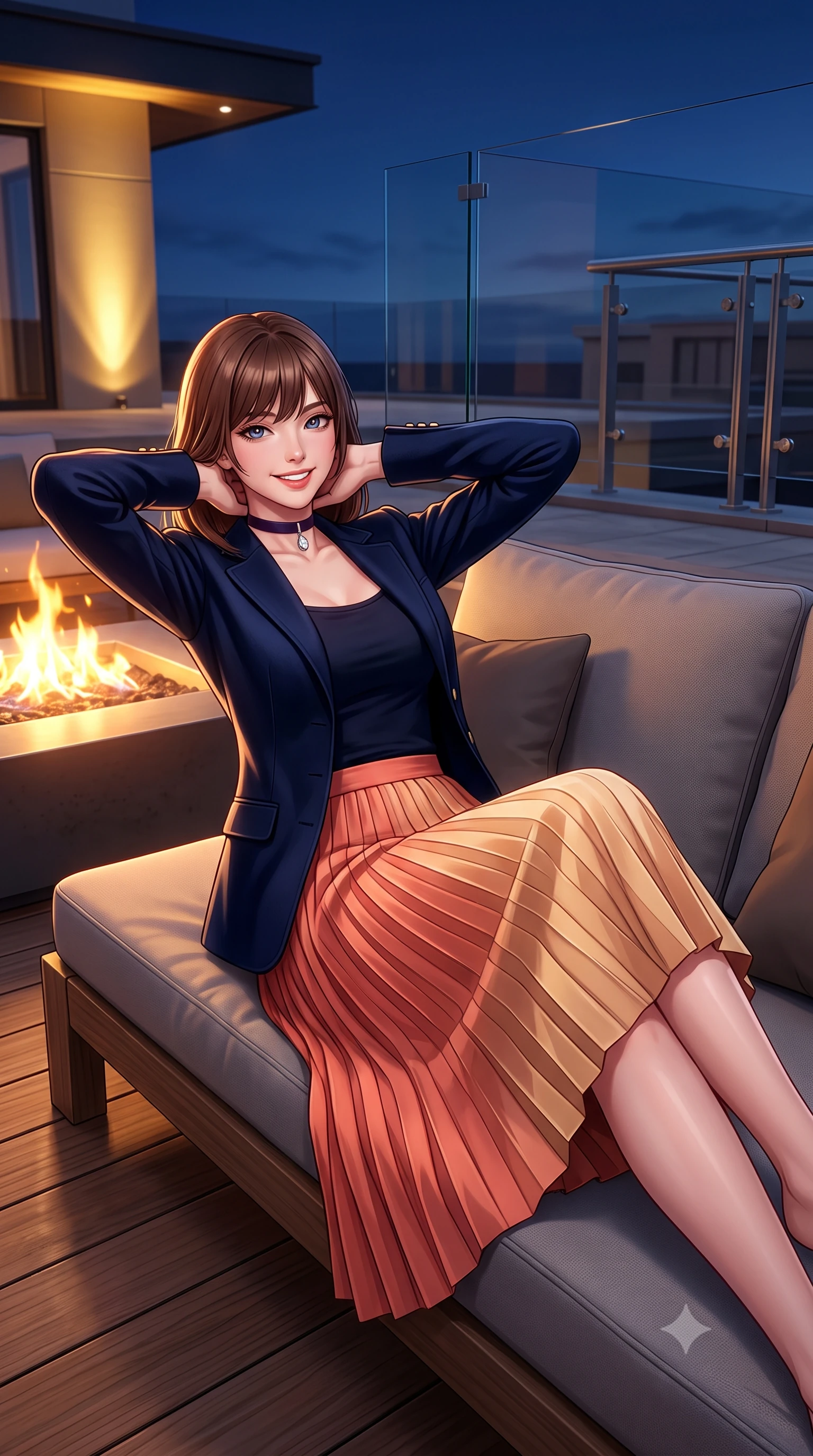 score_9, masterpiece, best quality, ultra-detailed, high-budget anime keyframe, semi-realistic 3D game render, editorial fashion photography, tasteful artistic composition, Korean woman. close-up cowboy shot from the waist and thighs up, the character dominates the composition, filling the frame with her large presence. resting both hands lightly behind her neck with elbows raised, arching her spine to highlight her narrow waist, flat midriff, and breathtaking collarbones while lounging in the modern low-profile daybed propped on one elbow with legs extended, displaying her long slender limbs and statuesque hourglass silhouette. The surrounding environment is rendered in vivid detail and crisp panoramic clarity: sharp frameless glass corner structural joints, natural teak decking grain, and stainless steel railing hardware in deep focus. She has an exceptionally elegant, slender, and willowy female figure with an ultra-slim waist, flat toned midriff, narrow ribcage, and sculpted feminine hips creating an alluring, slim hourglass silhouette without bulk. sharp v-shaped jawline, high-bridge nose, intricate jewel-like sparkling eyes with depth, thick eyelashes, glossy parted lips with a natural peach sheen, bright cheerful beaming smile with an enchanting and coquettish sensual glint, exuding both youthful cute charm and seductive allure, flawlessly proportioned anatomical accuracy, strict slender model proportions, natural body alignment, perfectly sculpted long slender limbs, ultra-slim waistline, clean dynamic posture without body distortion. wearing a tailored navy wool equestrian riding blazer paired with a pleated midi skirt in Palm Springs desert sunset coral and warm honey champagne, tailored from ultra-plush silk velvet with rich tactile depth and deep shadow gradients, finished with a thin velvet ribbon choker and a single teardrop diamond pendant, the bespoke structured tailoring following the natural line of her 8.5-heads silhouette with refined elegance. bathed in the contrast of warm 2200K fire table hearth glow and cool midnight sky fill with golden cathedral floodlights. highly saturated vibrant anime colors, detailed shading with soft gradients, rich glossy textures, high-contrast stereoscopic depth, volumetric dynamic lighting, master piece, 9:16 ratio