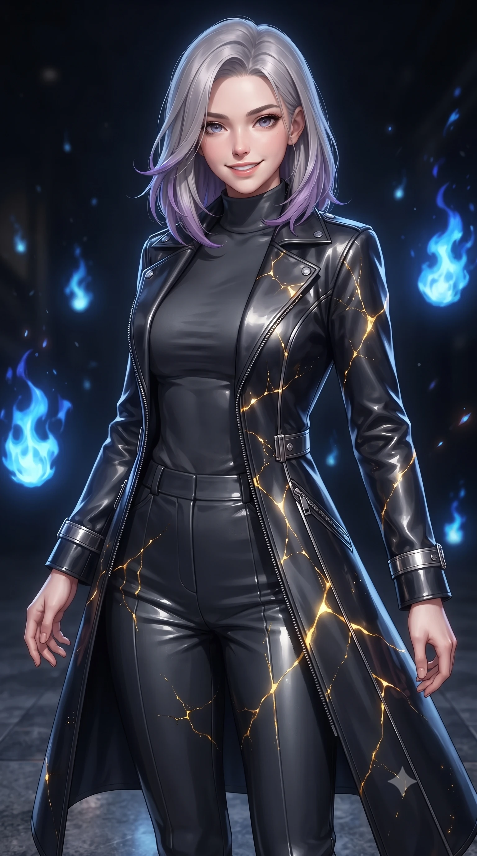 score_9, masterpiece, best quality, ultra-detailed, high-budget anime keyframe, editorial fashion photography, tasteful artistic composition, Caucasian woman. close-up cowboy shot from the waist and thighs up, the character dominates the composition, filling the frame with her large presence, background elements kept in soft focus. Smiling with quiet, magnetic self-assurance directly into the camera, poised on a polished dark granite floor surrounded by floating blue alchemy flames, deep cobalt alchemy sparks bursting gracefully in the dark air. She has an exceptionally elegant, slender, and willowy female figure with an ultra-slim waist, a gracefully sculpted slender torso, and a refined silhouette. sharp v-shaped jawline, high-bridge nose, intricate jewel-like eyes with depth, thick eyelashes, glossy lips with a natural sheen. wearing structured dark leather long coat over turtleneck and tailored slacks in dark charcoal gray, made of high-gloss liquid vinyl, finished with metallic silver boning and sleek zipper points, accentuating her gracefully sculpted slender torso. illuminated by brilliant golden kintsugi glow radiating from black porcelain cracks. ultra-reflective glossy finish, specular highlights, metallic sheen, high-contrast stereoscopic depth, volumetric dynamic lighting, 2k, ultra detail, master piece, 9:16 ratio
