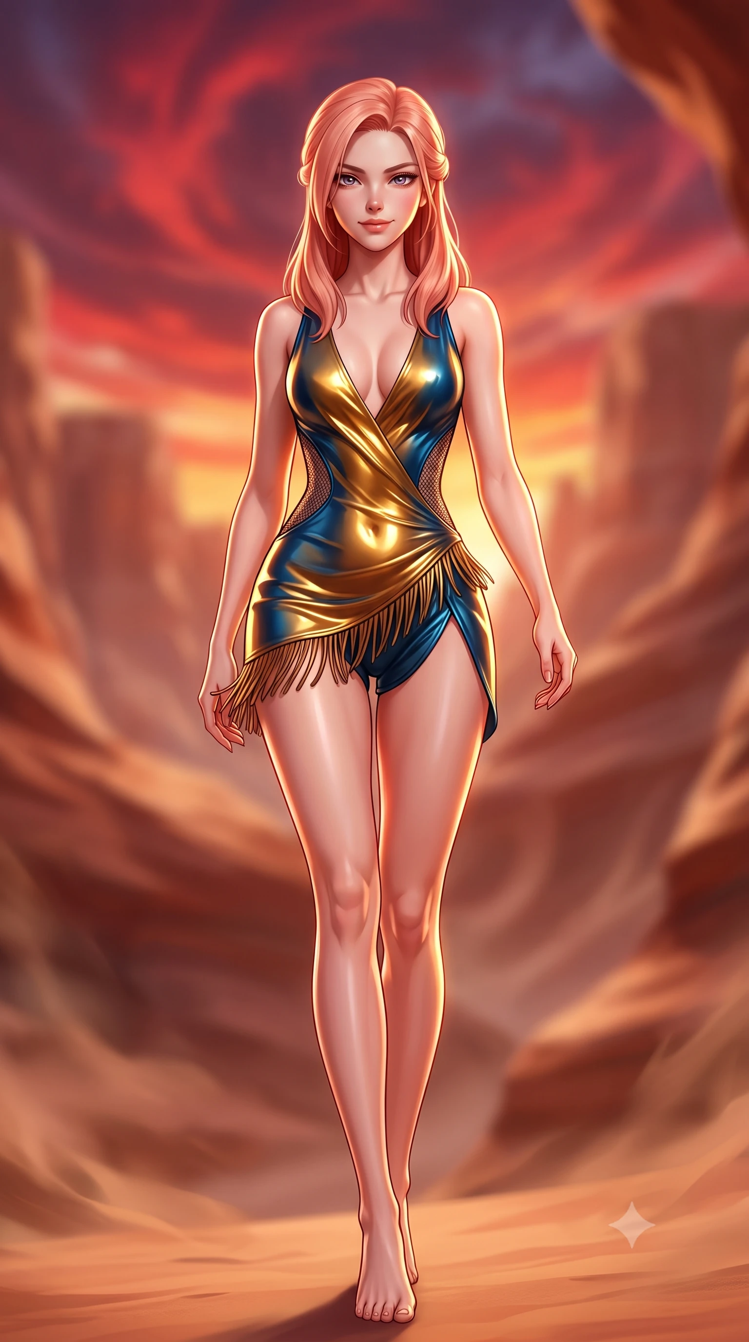 score_9, masterpiece, best quality, ultra-detailed, high-budget anime keyframe, semi-realistic 3D game render, editorial fashion photography, tasteful artistic composition, Japanese woman. low angle full-body shot from head to toe showing her feet, filling the entire 9:16 vertical frame with her statuesque presence, stretching her vertical silhouette. stepping slowly toward the camera with hypnotic grace, hips swaying in an alluring sensual rhythm that accentuates her curvy hourglass silhouette and long slender legs while twisting her slender torso in an alluring S-curve, crimson vortex sunset light carving sharp highlights across her flat midriff and hips. The background shows a soft-focus swirling desert canyon thermals softened in majestic southwestern shallow focus. She has an absolutely perfect, statuesque 8.5-heads proportion, an exceptionally tall and slender model-like female figure with impossibly long slender legs, an ultra-slim waist, a flat toned midriff, narrow delicate ribcage, and beautifully sculpted feminine hips creating a graceful, slim hourglass silhouette without any bulky heaviness. sharp v-shaped jawline, high-bridge nose, sparkling eyes with hypnotic seductive depth, thick curled eyelashes, glossy parted lips with a natural dewy peach sheen, alluring bedroom-eyes with an enchanting coquettish smile, exuding magnetic siren charisma and sophisticated glamour, flawlessly proportioned anatomical accuracy, strict slender model proportions, natural body alignment, perfectly sculpted long slender limbs, ultra-slim waistline, clean dynamic posture without body distortion. wearing a deep V-neck wet-look liquid lycra romper with side-torso mesh inserts accentuating her hourglass curves in molten liquid gold and deep ocean sapphire, made of semi-opaque stretch illusion mesh with soft shadowy contours, finished with a delicate leather fringe trim fluttering along her hip line with kinetic charm, the high-slit wrap tailoring accentuating her ultra-slim waistline and the enchanting curve of her feminine hips with alluring seductive charm. illuminated by sandstone reflection fill and sharp warm-amber rim lights sculpting her jawline, narrow waist, and voluptuous hip curves. highly saturated vibrant anime colors, detailed shading with soft gradients, rich glossy textures, high-contrast stereoscopic depth, volumetric dynamic lighting, master piece, 9:16 ratio