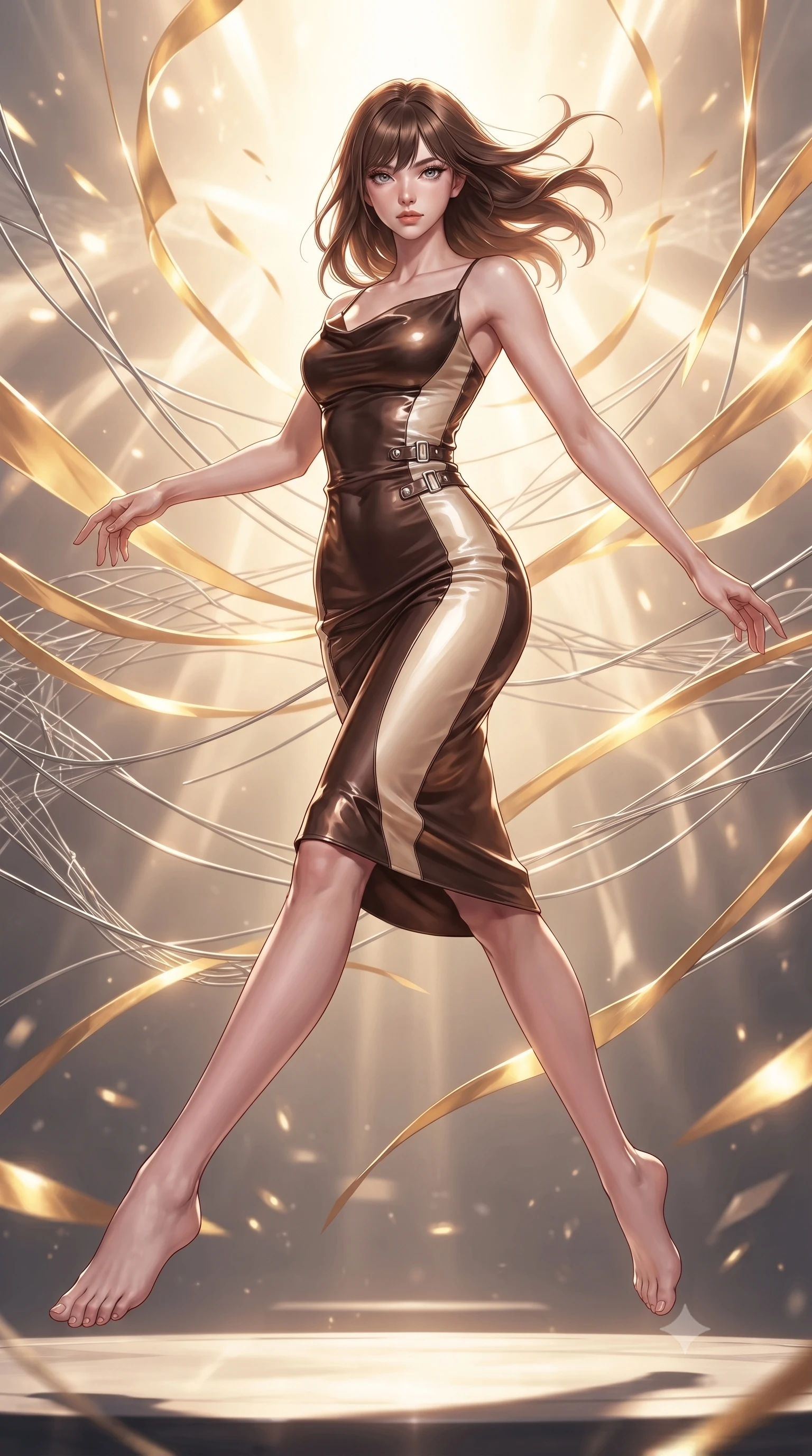 score_9, masterpiece, best quality, ultra-detailed, high-budget anime keyframe, editorial fashion photography, tasteful artistic composition, Korean woman. low angle full-body shot from head to toe showing her feet, filling the entire 9:16 vertical frame with her statuesque presence, stretching her vertical silhouette. leaping gracefully through mid-air with statuesque elegance, her impossibly long slender legs stretched in perfect balance while pivoting sharply with a dynamic waist tilt as golden solar flare ribbons swirl around her, platinum wire lattices reflecting intense warm sunlight with brilliant metallic luster. She has an absolutely perfect, statuesque 8.5-heads proportion, an exceptionally tall and slender model-like female figure with impossibly long slender legs and an ultra-slim waist. sharp v-shaped jawline, high-bridge nose, intricate jewel-like eyes with depth, thick eyelashes, glossy lips with a natural sheen, flawlessly proportioned anatomical accuracy, natural body alignment, perfectly sculpted elegant limbs, clean dynamic posture without body distortion. wearing an elegant cowl-neck satin midi dress with a graceful draped neckline in espresso brown and warm cream, tailored from high-gloss patent leather, detailed with polished silver buckles along the waistline, the tailored fabric tightly following every curve of her athletic build. bathed in glorious golden solar flares and intense warm sunburst backlighting. ultra-reflective glossy finish, specular highlights, metallic sheen, high-contrast stereoscopic depth, volumetric dynamic lighting, 2k, ultra detail, master piece, 9:16 ratio