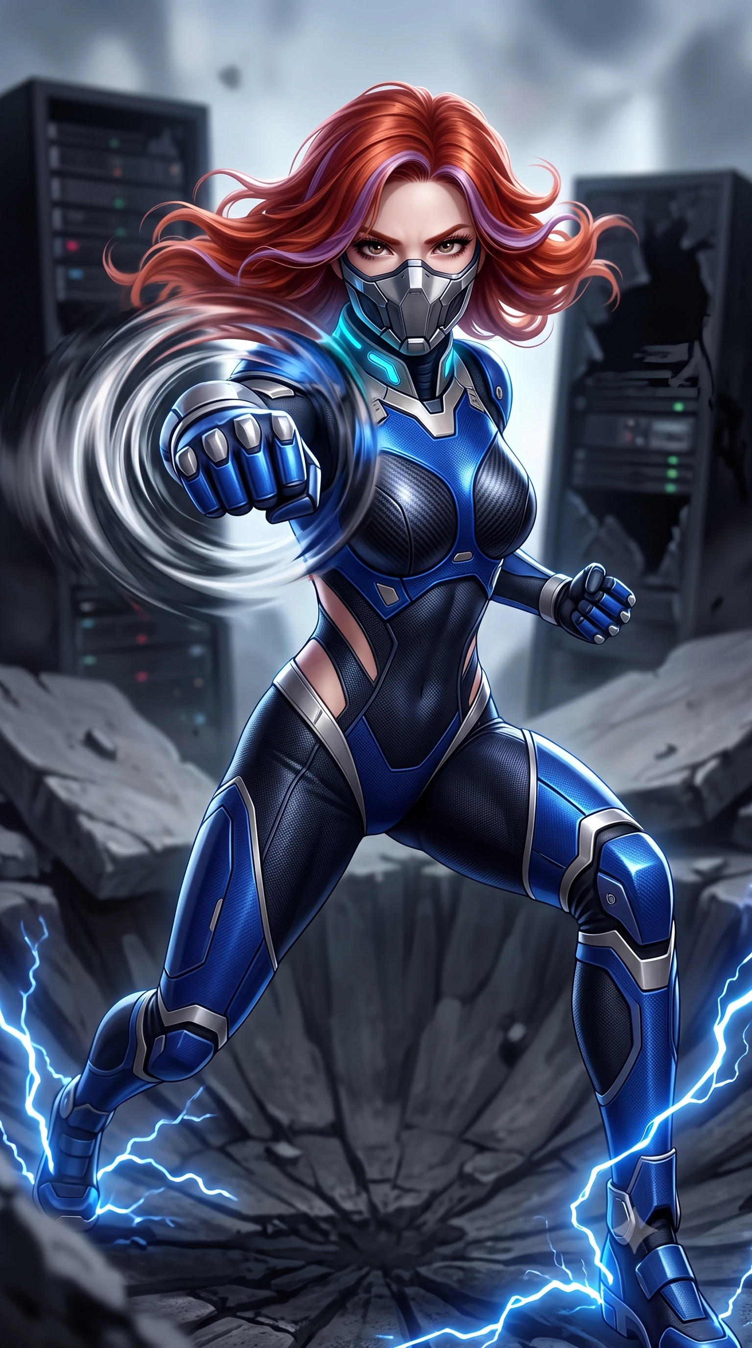 score_9, masterpiece, best quality, ultra-detailed, high-budget anime keyframe, semi-realistic 3D game render, editorial fashion photography, tasteful artistic composition, Caucasian woman. close-up cowboy shot from the waist and thighs up, the character dominates the composition, filling the frame with her large presence. thrusting a high-speed kinetic punch toward the camera, a visible conical shockwave distortion wrapping around her armored forearm while landing gracefully in the crater of a massive electromagnetic EMP blast as dying blue lightning arcs ground through her boots. The composition keeps background elements in soft focus with creamy bokeh. shattered server towers and blackened concrete slabs softened in smooth atmospheric depth of field. She has an exceptionally elegant, slender, and willowy female figure with an ultra-slim waist, a gracefully sculpted slender torso, toned flat midriff, and a refined slim silhouette. sharp v-shaped jawline, high-bridge nose, intricate jewel-like eyes with depth, thick eyelashes, glossy lips with a natural sheen, fierce and resolute heroine expression, flawlessly proportioned anatomical accuracy, strict slender model proportions, natural body alignment, perfectly sculpted long slender limbs, ultra-slim waistline, clean dynamic posture without body distortion. wearing a sleek titanium half-face combat rebreather guard protecting her lower jaw while leaving her expressive eyes and long hair flowing freely, paired with a form-contouring high-mobility battle-suit featuring sculpted carbon chest plating, diagonal midriff ventilation cutouts, and kinetic knee vambraces in electric cobalt blue carbon with brushed platinum tactical trim, made of liquid carbon-jersey fabric accentuating every curve of her tall, slender model proportions, featuring a sleek aerodynamic collar framed by subtle glowing cybernetic status LEDs, the sleek second-skin cut tightly hugging her graceful clavicle, narrow waist, and feminine curves with athletic precision. surrounded by an electrifying, invincible, and radiantly transcendent dystopian heroine aura. rich saturated anime colors with glowing neon highlights, detailed shading with soft gradients, rich glossy textures, high-contrast stereoscopic depth, volumetric dynamic lighting, master piece, 9:16 ratio