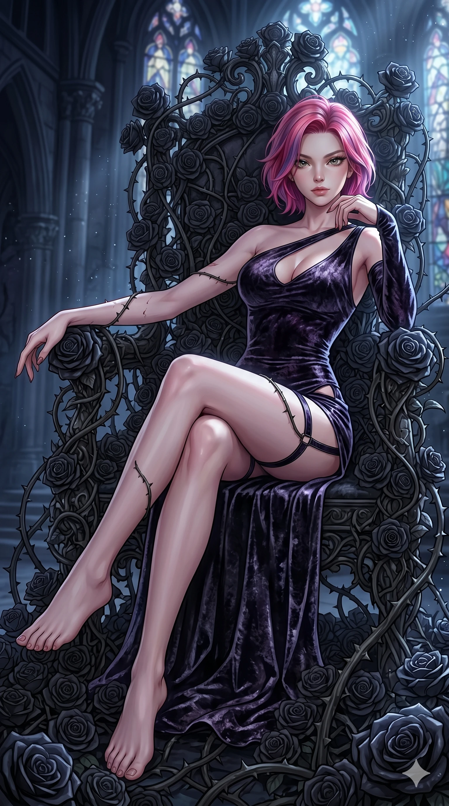 score_9, masterpiece, best quality, ultra-detailed, High-budget Anime Keyframe, East Asian woman. Dynamic full-body shot stretching the vertical silhouette to the limit. Scenario 300: Resting on a throne of black roses, thorns grazing her skin. Her presence is magnetic and overpowering in this high-budget anime scene. Outfit 300: A crushed dark velvet garter with a low-cut shoulder and tight-fitting silhouette. The clothing is designed to emphasize her exceptionally tall and slender 8-heads proportion. 8-heads proportion, towering silhouette, ultra-slim waist. sharp v-shaped jawline, intricate jewel-like eyes with depth, thick eyelashes, glossy lips. 2k, ultra detail, master piece, 9:16 ratio