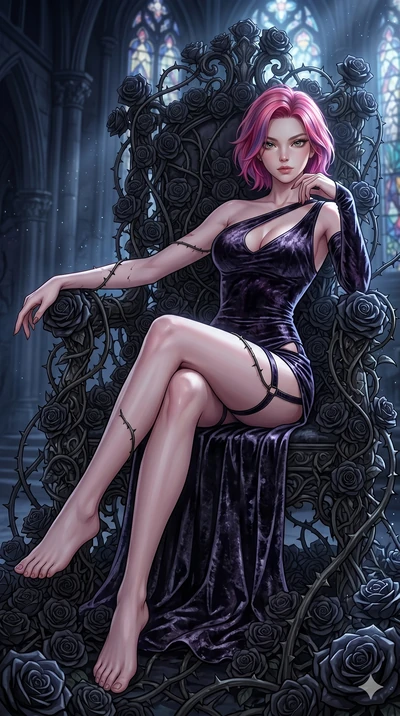score_9, masterpiece, best quality, ultra-detailed, High-budget Anime Keyframe, East Asian woman. Dynamic full-body shot stretching the vertical silhouette to the limit. Scenario 300: Resting on a throne of black roses, thorns grazing her skin. Her p