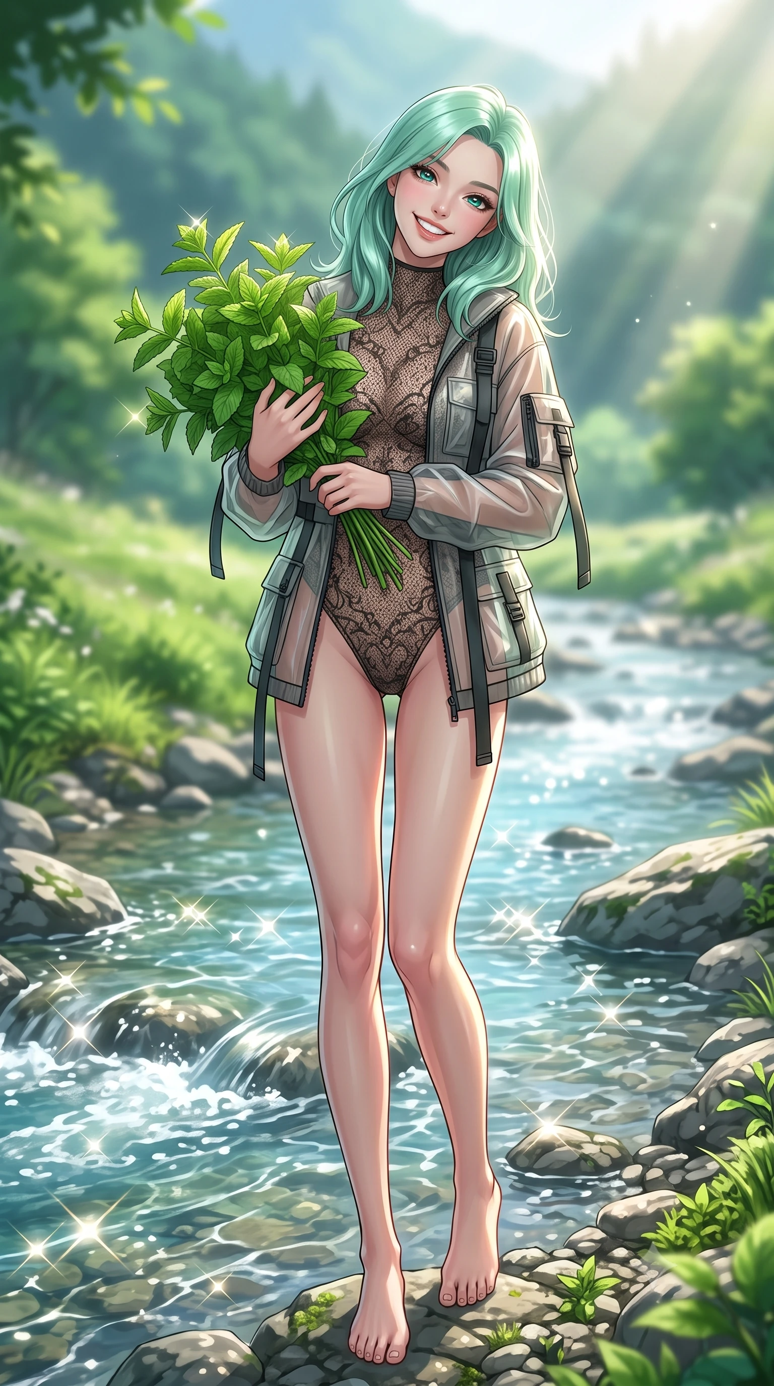 score_9, masterpiece, best quality, ultra-detailed, high-budget anime keyframe, editorial fashion photography, tasteful artistic composition, Japanese woman. low angle full-body shot from head to toe showing her feet, filling the entire 9:16 vertical frame with her statuesque presence, stretching her vertical silhouette. standing with a cute, bright pose, tilting her head with a beaming smile set against a soft-focus background of next to a cool, crystal-clear stream flowing through a lush green valley holding a bunch of fresh wild mint leaves with a delighted look. She has an absolutely perfect, statuesque 8.5-heads proportion, an exceptionally tall and slender model-like female figure with impossibly long slender legs and an ultra-slim waist. sharp v-shaped jawline, high-bridge nose, intricate jewel-like eyes with depth, thick eyelashes, glossy lips with a natural sheen. wearing slim-fit sleek bodysuit featuring fine dark lace pattern details and a sheer utility jacket. bright morning sun rays creating sparkling glints on the moving stream. highly saturated vibrant anime colors, detailed shading with soft gradients, rich glossy textures, high-contrast stereoscopic depth, volumetric dynamic lighting, master piece, 9:16 ratio