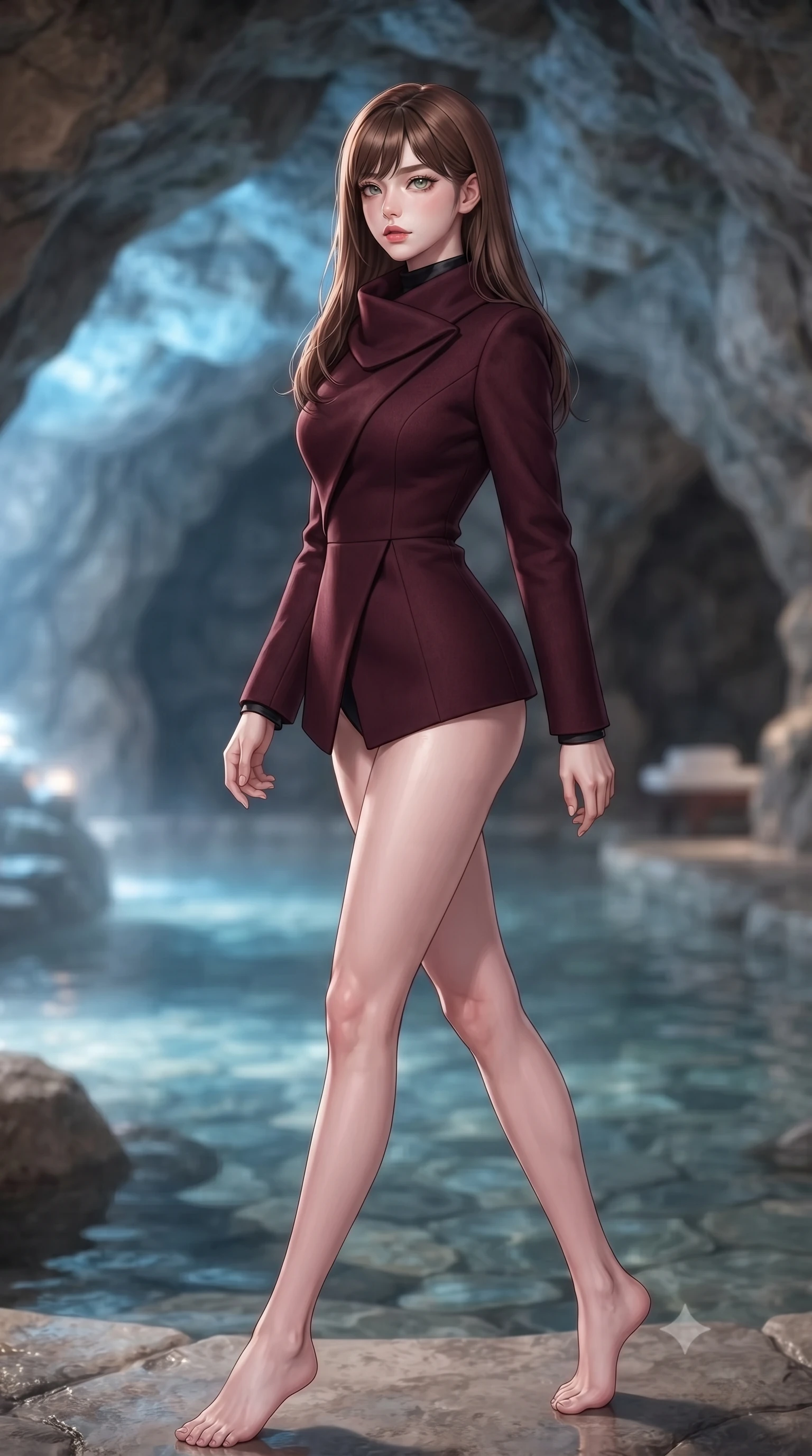 score_9, masterpiece, best quality, ultra-detailed, high-budget anime keyframe, editorial fashion photography, tasteful artistic composition, Korean woman woman. low angle full-body shot from head to toe showing her feet, filling the entire 9:16 vertical frame with her statuesque presence, stretching her vertical silhouette. stepping gracefully while looking back over her shoulder, her dress draped tightly to reveal her silhouette the background shows a soft-focus a private stone bath pool built inside a natural rock cave with clear mineral water. She has an absolutely perfect, statuesque 8.5-heads proportion, an exceptionally tall and slender model-like female figure with impossibly long slender legs and an ultra-slim waist. sharp v-shaped jawline, high-bridge nose, intricate jewel-like eyes with depth, thick eyelashes, glossy lips with a natural sheen. wearing a slim-fit tailored asymmetric jacket in deep burgundy wool with a high wrap collar, over a black silk mock-neck blouse. soft blue light reflecting from the pool water onto the rocky cave ceiling. ultra-reflective glossy finish, specular highlights, metallic sheen, high-contrast stereoscopic depth, volumetric dynamic lighting, 2k, ultra detail, master piece, 9:16 ratio