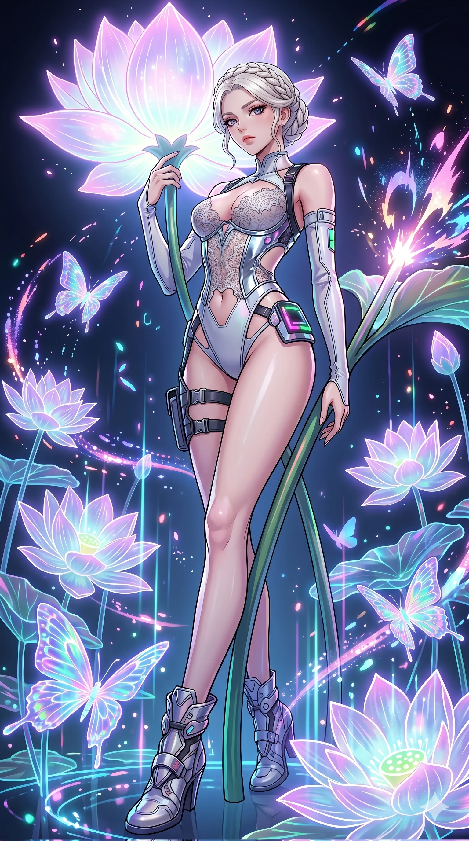 score_9, masterpiece, best quality, ultra-detailed, High-budget Anime Keyframe, vibrant colors, fluid line-art, expressive lighting, cinematic composition, Ufotable-style visual effects, top-tier animation quality, Japanese woman with delicate and elegant anime-inspired features. Dynamic full-body shot stretching the vertical silhouette, capturing her from a powerful low-angle perspective. Resting against a giant glowing flower that emits a soft, pulse-like light. She has an absolutely perfect 8-heads proportion, an exceptionally tall and slender female figure with impossibly long slender legs and an ultra-slim waist, her statuesque height and towering silhouette dominating the vertical 9:16 frame. Her face is a masterpiece featuring a sharp v-shaped jawline, high-bridge nose, intricate jewel-like eyes with depth, thick eyelashes, and glossy lips with a natural sheen. She is wearing a Asymmetrical high-cut tech-bodysuit with detached sleeves, chrome-plated corset over sheer lace, and neon-lit tactical gear with suggestive cutouts.. The scene is set in a digital garden filled with holographic lotus flowers and neon butterflies. 2k, ultra detail, master piece, 9:16 ratio