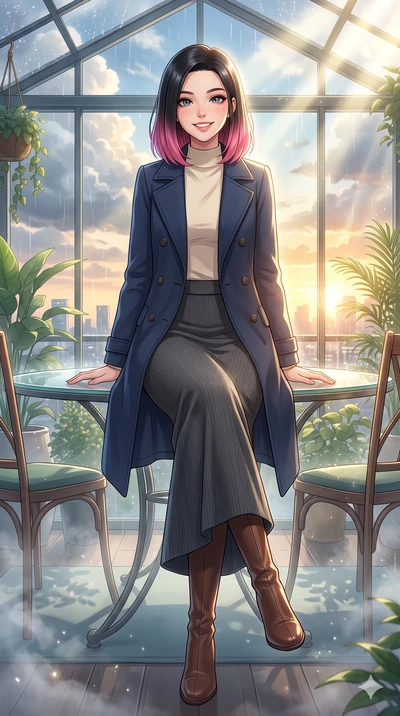 score_9, masterpiece, best quality, ultra-detailed, high-budget anime keyframe, vibrant anime aesthetic, Korean woman. low angle full-body shot from head to toe showing her feet, filling the entire 9:16 vertical frame with her statuesque presence, st