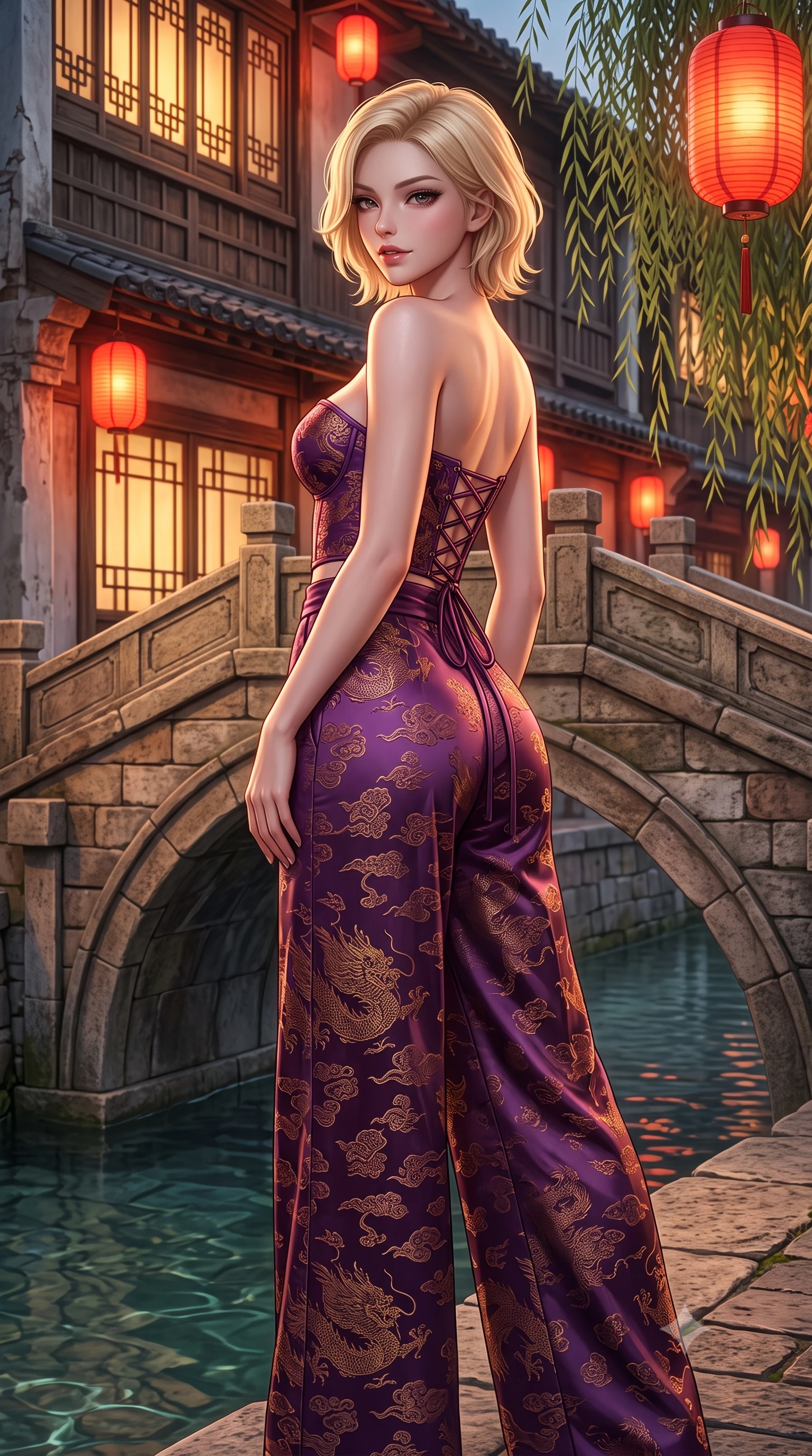 score_9, masterpiece, best quality, ultra-detailed, high-budget anime keyframe, semi-realistic 3D game render, editorial fashion photography, tasteful artistic composition, Caucasian woman. close-up cowboy shot from the waist and thighs up, the character dominates the composition, filling the frame with her large presence. posing in an alluring rear three-quarter angle, turning over a bare shoulder with an intoxicating gaze, her hips cocked back to highlight her slim hourglass curve while standing poised on the ancient arched stone bridge above the clear canal water, arching her spine with sovereign geisha-inspired poise. The surrounding environment is rendered in vivid detail and crisp panoramic clarity: sharp stone bridge masonry, weathered machiya cedar lattice, and delicate willow leaf venation in deep focus. She has an exceptionally elegant, slender, and willowy female figure with an ultra-slim waist, flat toned midriff, narrow ribcage, and sculpted feminine hips creating an alluring, slim hourglass silhouette without bulk. sharp v-shaped jawline, high-bridge nose, intricate jewel-like dark sparkling almond eyes with depth, thick lashes, glossy parted lips with a natural rose-plum sheen, bright alluring and coquettish smile with bedroom-eyes, exuding both timeless oriental elegance and sovereign high-fashion allure, flawlessly proportioned anatomical accuracy, strict slender model proportions, natural body alignment, perfectly sculpted long slender limbs, ultra-slim waistline, clean dynamic posture without body distortion. wearing a strapless structured silk brocade bustier top paired with flowing wide-leg satin palazzo trousers cinched at the waist in rich plum violet and gilded bronze embroidery, made of rich jacquard silk with intricate embossed dragon and cloud motifs, finished with criss-cross back satin laces tracing her slender spine, the form-contouring cut accentuating her sculpted flat midriff, narrow delicate ribcage, and gracefully curvy hips with regal oriental supermodel elegance. bathed in the warm nostalgic glow of red paper street lanterns and teahouse window spill. highly saturated vibrant anime colors, detailed shading with soft gradients, rich glossy textures, high-contrast stereoscopic depth, volumetric dynamic lighting, master piece, 9:16 ratio
