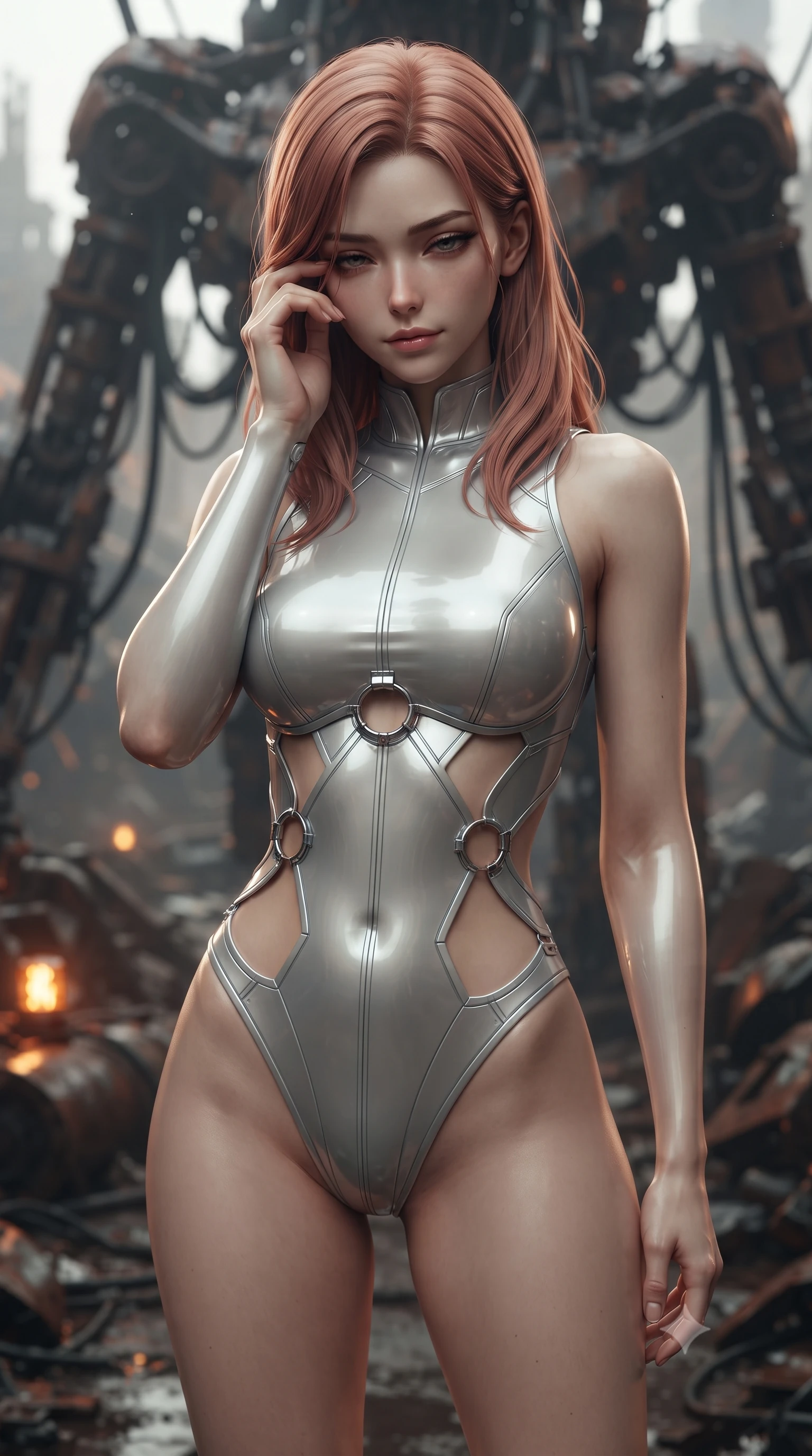 score_9, masterpiece, best quality, ultra-detailed, high-budget anime keyframe, editorial fashion photography, tasteful artistic composition, Japanese woman. close-up cowboy shot from the waist and thighs up, the character dominates the composition, filling the frame with her large presence, background elements kept in soft focus. gently touching the side of her temple, casting a heavy-lidded, sultry look past the camera, the background shows a soft-focus a graveyard of rusted mech skeletons with massive exposed steel frames. She has an exceptionally elegant, slender, and willowy female figure with an ultra-slim waist, a gracefully sculpted slender torso, and a refined silhouette. sharp v-shaped jawline, high-bridge nose, intricate jewel-like eyes with depth, thick eyelashes, glossy lips with a natural sheen. wearing a form-contouring light carbon-plate combat bodysuit featuring dramatic geometric open-waist cutouts framed by chrome ring hardware. flickering amber warning lights reflecting off wet scrap metal surfaces. ultra-reflective glossy finish, specular highlights, metallic sheen, high-contrast stereoscopic depth, volumetric dynamic lighting, 2k, ultra detail, master piece, 9:16 ratio