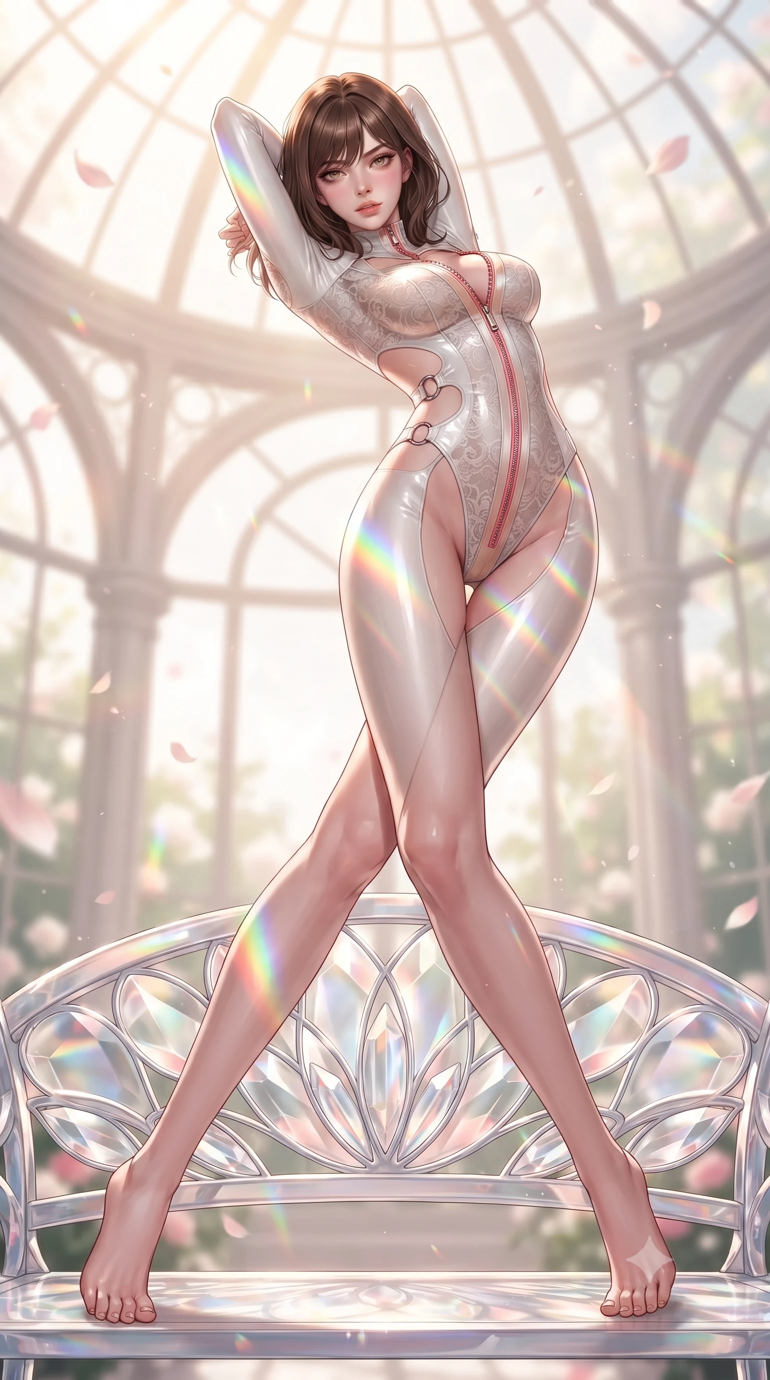 score_9, masterpiece, best quality, ultra-detailed, high-budget anime keyframe, editorial fashion photography, tasteful artistic composition, Korean woman. low angle full-body shot from head to toe showing her feet, filling the entire 9:16 vertical frame with her statuesque presence, stretching her vertical silhouette. performing an alluring mid-air vault with flawless poise, looking directly into the camera with smoldering intensity while stretching forward with an alluring S-curve silhouette on a crystal garden bench as rainbow light bands cross her skin. The composition keeps background elements in soft focus with creamy bokeh. sunlit glasshouse dome arches and floating flower petals softened in dreamy shallow depth of field. She has an absolutely perfect, statuesque 8.5-heads proportion, an exceptionally tall and slender model-like female figure with impossibly long slender legs, a toned flat midriff, and an ultra-slim waist. sharp v-shaped jawline, high-bridge nose, intricate jewel-like eyes with depth, thick eyelashes, glossy lips with a natural sheen, flawlessly proportioned anatomical accuracy, strict slender model proportions, natural body alignment, perfectly sculpted long slender limbs, ultra-slim waistline, clean dynamic posture without body distortion. wearing a glossy white second-skin latex bodysuit with high-thigh cuts, exposed clavicle neckline, and gleaming zipper details in radiant coral pink and champagne ivory, crafted from delicate dark lace interwoven with luminescent micro-fibers, detailed with polished silver rings connecting the daring side-waist cutouts, the precision-cut daring openings accentuating her delicate midriff, graceful bare collarbones, and ultra-slim feminine waistline. surrounded by a pure, romantic, and breathtakingly alluring floral sanctuary atmosphere. ultra-reflective glossy finish, specular highlights, metallic sheen, high-contrast stereoscopic depth, volumetric dynamic lighting, 2k, ultra detail, master piece, 9:16 ratio