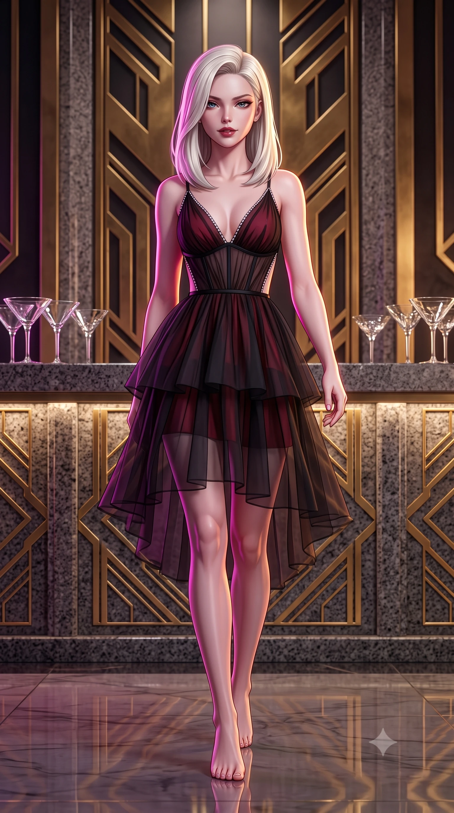 score_9, masterpiece, best quality, ultra-detailed, high-budget anime keyframe, semi-realistic 3D game render, editorial fashion photography, tasteful artistic composition, Caucasian woman. low angle full-body shot from head to toe showing her feet, filling the entire 9:16 vertical frame with her statuesque presence, stretching her vertical silhouette. striding forward gracefully across the reflective floor with sovereign supermodel poise, hips swaying in an alluring kinetic rhythm that accentuates her curvy hourglass silhouette and long slender legs while twisting her slender torso in an alluring S-curve, cool midnight river breezes fluttering her tailored outfit around her curvy hips and long slender legs. The surrounding environment is rendered in vivid detail and crisp panoramic clarity. sharp art deco brass geometric relief, polished riverfront granite texture, and crystal cocktail glass clarity in deep focus. She has an exceptionally tall and slender model-like 8.5-heads proportion, an ultra-slim waist, a flat toned midriff, narrow delicate ribcage, and beautifully sculpted feminine hips creating a graceful, slim hourglass silhouette without any bulky heaviness, with impossibly long slender legs. sharp v-shaped jawline, high-bridge nose, intricate jewel-like dark sparkling eyes with dangerous depth, thick curled eyelashes, glossy parted lips with a rich wine sheen, smoldering seductive half-smile with bedroom-eyes, exuding effortless superiority and intoxicating dark allure, flawlessly proportioned anatomical accuracy, strict slender model proportions, natural body alignment, perfectly sculpted long slender limbs, ultra-slim waistline, clean dynamic posture without body distortion. wearing a tiered semi-sheer black tulle and silk slip dress with an ultra-slim corseted waist and bare shoulders in ruby crimson and muted shadow black, crafted from layered gossamer black organza with weightless, smoky flutter, finished with subtle crystal rhinestones lining the plunging neckline, the precision-cut side openings and low-back scoop framing her graceful spine and the sensual sweep of her slim, toned hips. illuminated by crisp electric magenta and warm gold rim lights sharply carving her razor-sharp jawline, narrow waist, and curvy hips. highly saturated vibrant anime colors, detailed shading with soft gradients, rich glossy textures, high-contrast stereoscopic depth, volumetric dynamic lighting, master piece, 9:16 ratio