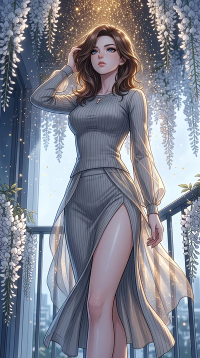 score_9, masterpiece, best quality, ultra-detailed, High-budget Anime Keyframe, East Asian woman. Low angle cowboy shot filling the entire 9:16 frame with her statuesque presence. Scenario 336: showering under a cascade of glittering gold stardust in