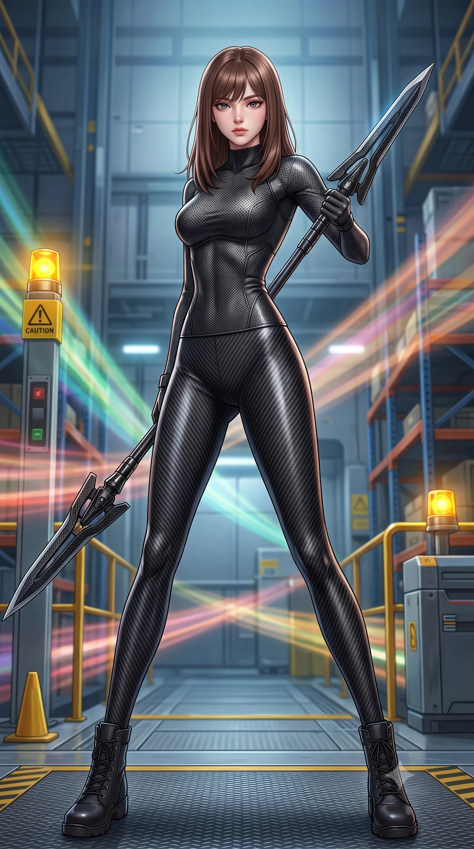 score_9, masterpiece, best quality, ultra-detailed, high-budget anime keyframe, editorial fashion photography, tasteful artistic composition, Korean woman. low angle full-body shot from head to toe showing her feet, filling the entire 9:16 vertical frame with her statuesque presence, stretching her vertical silhouette. standing in a dynamic combat stance with a carbon-fiber spear held diagonally, stretching her statuesque body, the background shows a soft-focus a replicator cargo elevator platform with yellow beacons and safety racks. She has an absolutely perfect, statuesque 8.5-heads proportion, an exceptionally tall and slender model-like female figure with impossibly long slender legs and an ultra-slim waist. sharp v-shaped jawline, high-bridge nose, intricate jewel-like eyes with depth, thick eyelashes, glossy lips with a natural sheen. wearing a tailored body-hugging carbon-mesh mock-neck top paired with tight-fitting carbon-fiber leggings. dynamic moving light beams from passing elevator shaft signal lamps. highly saturated vibrant anime colors, detailed shading with soft gradients, rich glossy textures, high-contrast stereoscopic depth, volumetric dynamic lighting, master piece, 9:16 ratio