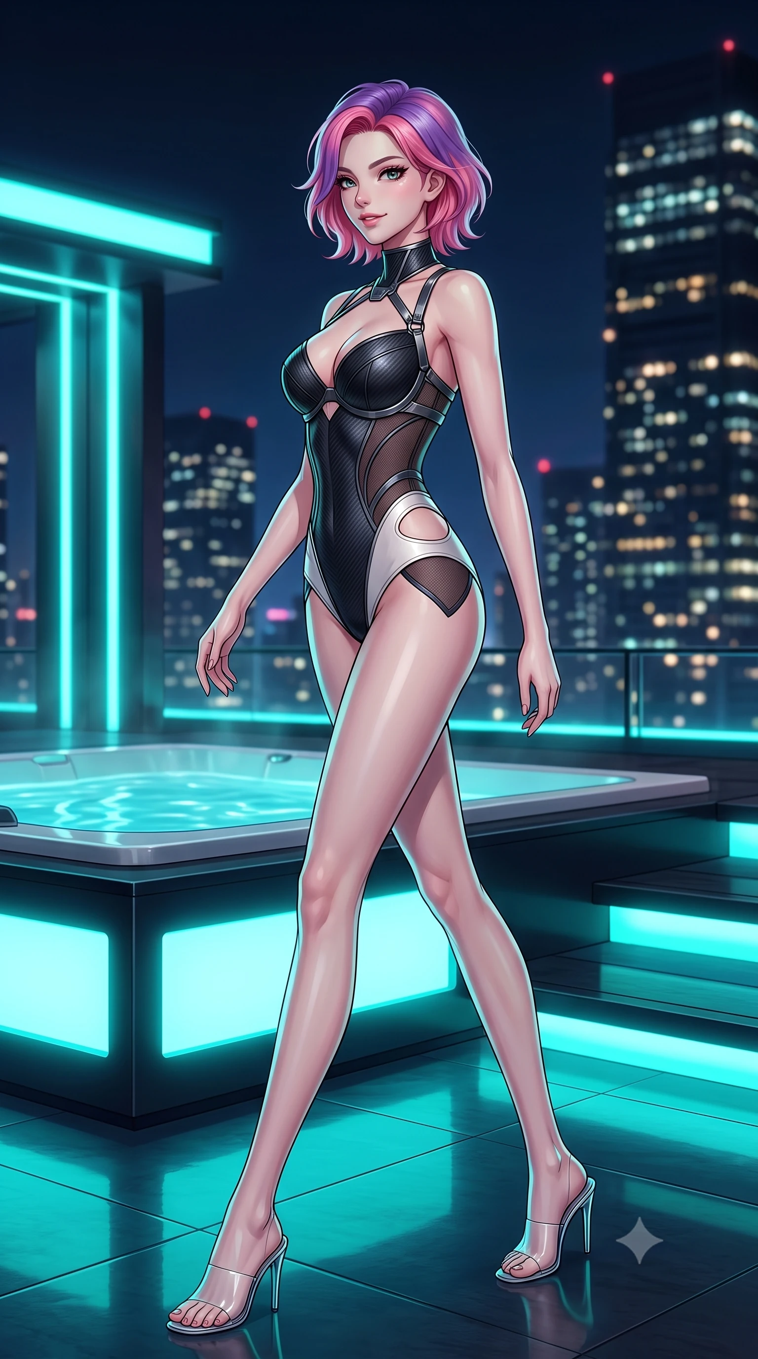 score_9, masterpiece, best quality, ultra-detailed, high-budget anime keyframe, editorial fashion photography, tasteful artistic composition, Caucasian woman. low angle full-body shot from head to toe showing her feet, filling the entire 9:16 vertical frame with her statuesque presence, stretching her vertical silhouette. stepping gracefully through the luxurious environment, stretching her statuesque silhouette, looking back over her shoulder as city skyscraper lights form soft bokeh, alluring nocturnal lifestyle composition. She has an absolutely perfect, statuesque 8.5-heads proportion, an exceptionally tall and slender model-like female figure with impossibly long slender legs and an ultra-slim waist. sharp v-shaped jawline, high-bridge nose, intricate jewel-like eyes with depth, thick eyelashes, glossy lips with a natural sheen. wearing sculpted structured cup bodysuit in matte black carbon-fiber with hip cutouts in pearl white, made of fine dark contouring mesh, highlighted by a gunmetal metallic harness structure, following her slender form with tailored precision. illuminated by glowing aqua LED jacuzzi lights and distant city skyglow. highly saturated vibrant anime colors, detailed shading with soft gradients, rich glossy textures, high-contrast stereoscopic depth, volumetric dynamic lighting, master piece, 9:16 ratio
