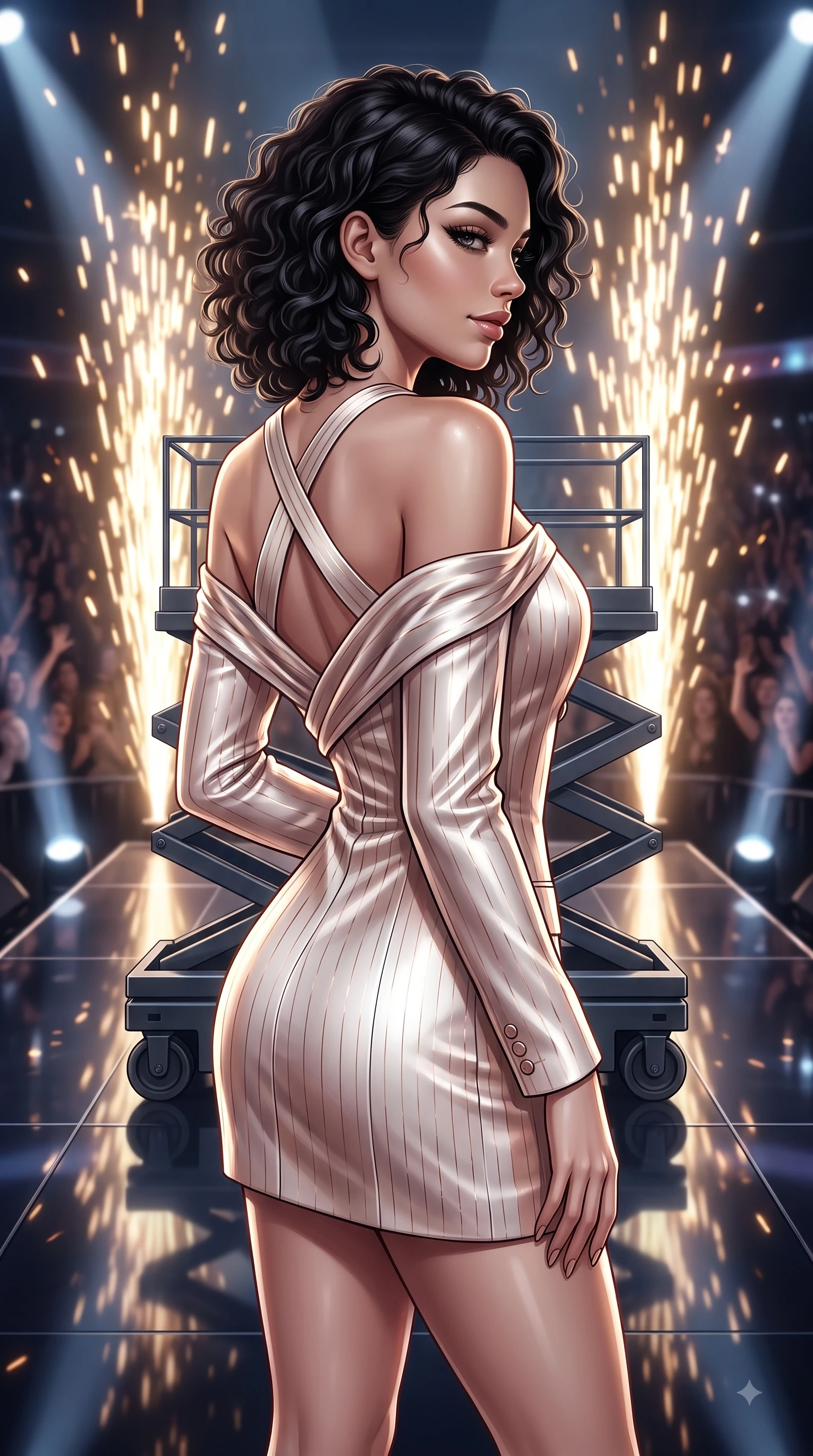 score_9, masterpiece, best quality, ultra-detailed, high-budget anime keyframe, editorial fashion photography, tasteful artistic composition, Caucasian woman. close-up cowboy shot from the waist and thighs up, the character dominates the composition, filling the frame with her large presence, background elements kept in soft focus. Casting a seductive sidelong gaze over her bare shoulder with heavy lashes and a composed half-smile while poised on a hydraulic lift platform as golden pyrotechnic sparks rain down behind her, shiny dark stage surface reflecting every concert light beam vividly. She has an exceptionally elegant, slender, and willowy female figure with an ultra-slim waist, a gracefully sculpted slender torso, and a refined silhouette. sharp v-shaped jawline, high-bridge nose, intricate jewel-like eyes with depth, thick eyelashes, glossy lips with a natural sheen, flawlessly proportioned anatomical accuracy, natural body alignment, perfectly sculpted elegant limbs, clean dynamic posture without body distortion. wearing a double-breasted blazer dress with subtle metallic pin-stripes in pearl white and rose gold, crafted from lustrous satin jersey with fluid draping, complemented by criss-cross back straps highlighting her bare shoulders, the elegant draped fit framing her graceful clavicle and slender torso. surrounded by an electric, high-energy performer aura with sharp shadows. ultra-reflective glossy finish, specular highlights, metallic sheen, high-contrast stereoscopic depth, volumetric dynamic lighting, 2k, ultra detail, master piece, 9:16 ratio