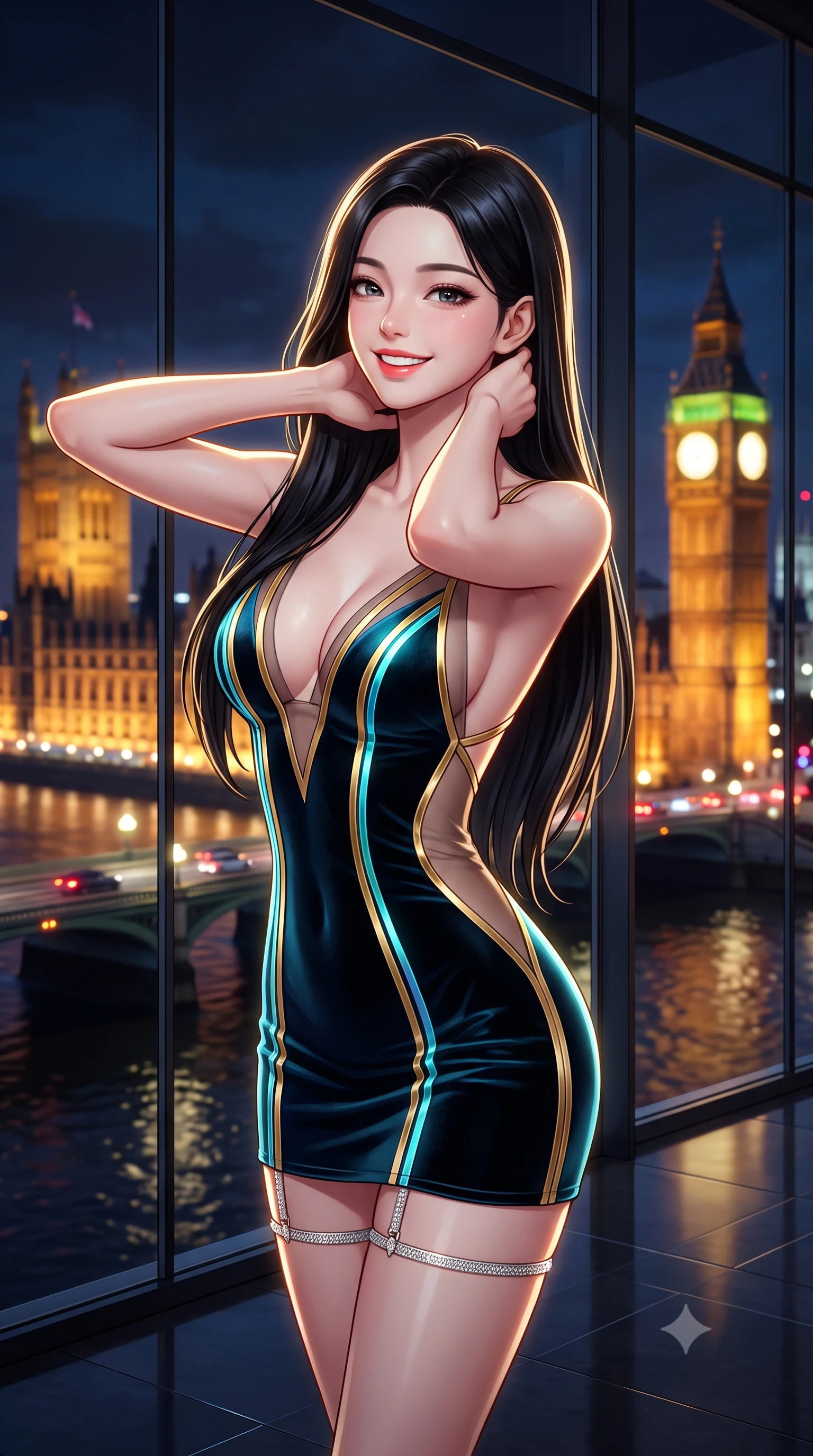 score_9, masterpiece, best quality, ultra-detailed, high-budget anime keyframe, semi-realistic 3D game render, editorial fashion photography, tasteful artistic composition, Korean woman. close-up cowboy shot from the waist and thighs up, the character dominates the composition, filling the frame with her large presence. resting both hands lightly behind her neck with elbows raised, arching her spine to highlight her narrow waist, flat midriff, and breathtaking collarbones while standing poised beside the double-height glass facade overlooking the Thames, arching her spine as illuminated Big Ben and the Houses of Parliament glow across the river. The background shows a soft-focus golden illuminated clock face and gothic spires of Big Ben, Westminster Bridge vehicle headlights reflecting on dark Thames waves blurred into electric gold, ruby, and sapphire bokeh. She has an exceptionally elegant, slender, and willowy female figure with an ultra-slim waist, flat toned midriff, narrow ribcage, and sculpted feminine hips creating an alluring, slim hourglass silhouette without bulk. sharp v-shaped jawline, high-bridge nose, intricate jewel-like sparkling eyes with depth, thick eyelashes, glossy parted lips with a natural peach sheen, bright cheerful beaming smile with an enchanting and coquettish sensual glint, exuding both youthful cute charm and seductive allure, flawlessly proportioned anatomical accuracy, strict slender model proportions, natural body alignment, perfectly sculpted long slender limbs, ultra-slim waistline, clean dynamic posture without body distortion. wearing a plunge-front sheer illusion tulle slip dress with liquid gold ribbon stripes hugging her curves in Neo-Carthage holographic cyan and solar chrome, tailored from ultra-plush silk velvet with rich tactile depth and deep shadow gradients, finished with delicate crystal-encrusted thigh garter straps glinting in the dim light, the precision-cut side openings and low-back scoop framing her graceful spine and the sensual sweep of her slim, toned hips. illuminated by floor specular reflection bounce and sharp platinum-gold rim lights sculpting her jawline, narrow waist, and curvy hips. highly saturated vibrant anime colors, detailed shading with soft gradients, rich glossy textures, high-contrast stereoscopic depth, volumetric dynamic lighting, master piece, 9:16 ratio