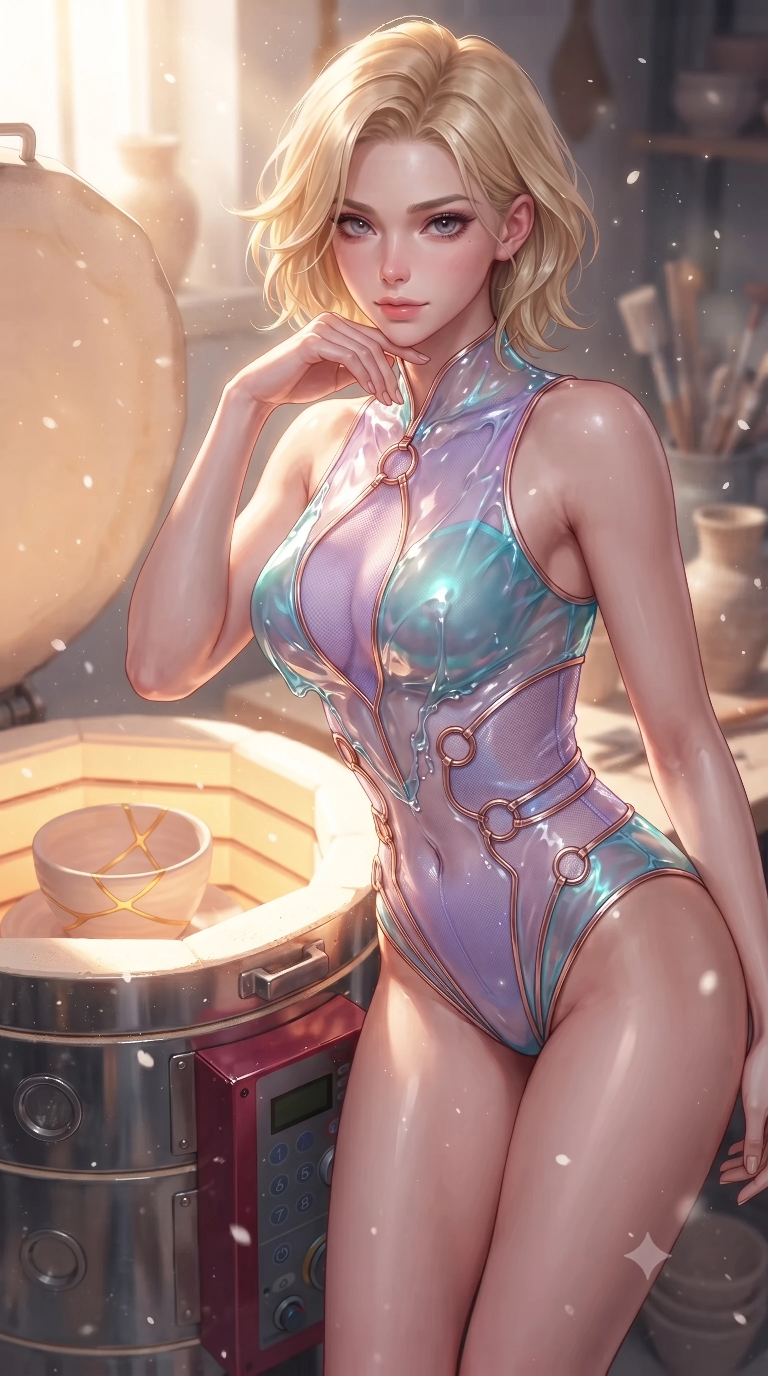 score_9, masterpiece, best quality, ultra-detailed, high-budget anime keyframe, editorial fashion photography, tasteful artistic composition, Caucasian woman. close-up cowboy shot from the waist and thighs up, the character dominates the composition, filling the frame with her large presence, background elements kept in soft focus. Resting her chin on the backs of her fingers with an air of effortless superiority, resting near a ceramic kiln as golden kintsugi light glows warmly around her, soft white ceramic dust motes floating in bright warm sunbeams. She has an exceptionally elegant, slender, and willowy female figure with an ultra-slim waist, a gracefully sculpted slender torso, and a refined silhouette. sharp v-shaped jawline, high-bridge nose, intricate jewel-like eyes with depth, thick eyelashes, glossy lips with a natural sheen. wearing translucent liquid acrylic splash bodysuit with semi-opaque mesh in pastel lavender violet, made of iridescent turquoise taffeta, trimmed with rose-gold ring hardware along the waist contours, the fitted fabric emphasizing her ultra-slim waist. surrounded by a soft radiant inner glow and crisp metallic gold highlights. highly saturated vibrant anime colors, detailed shading with soft gradients, rich glossy textures, high-contrast stereoscopic depth, volumetric dynamic lighting, master piece, 9:16 ratio