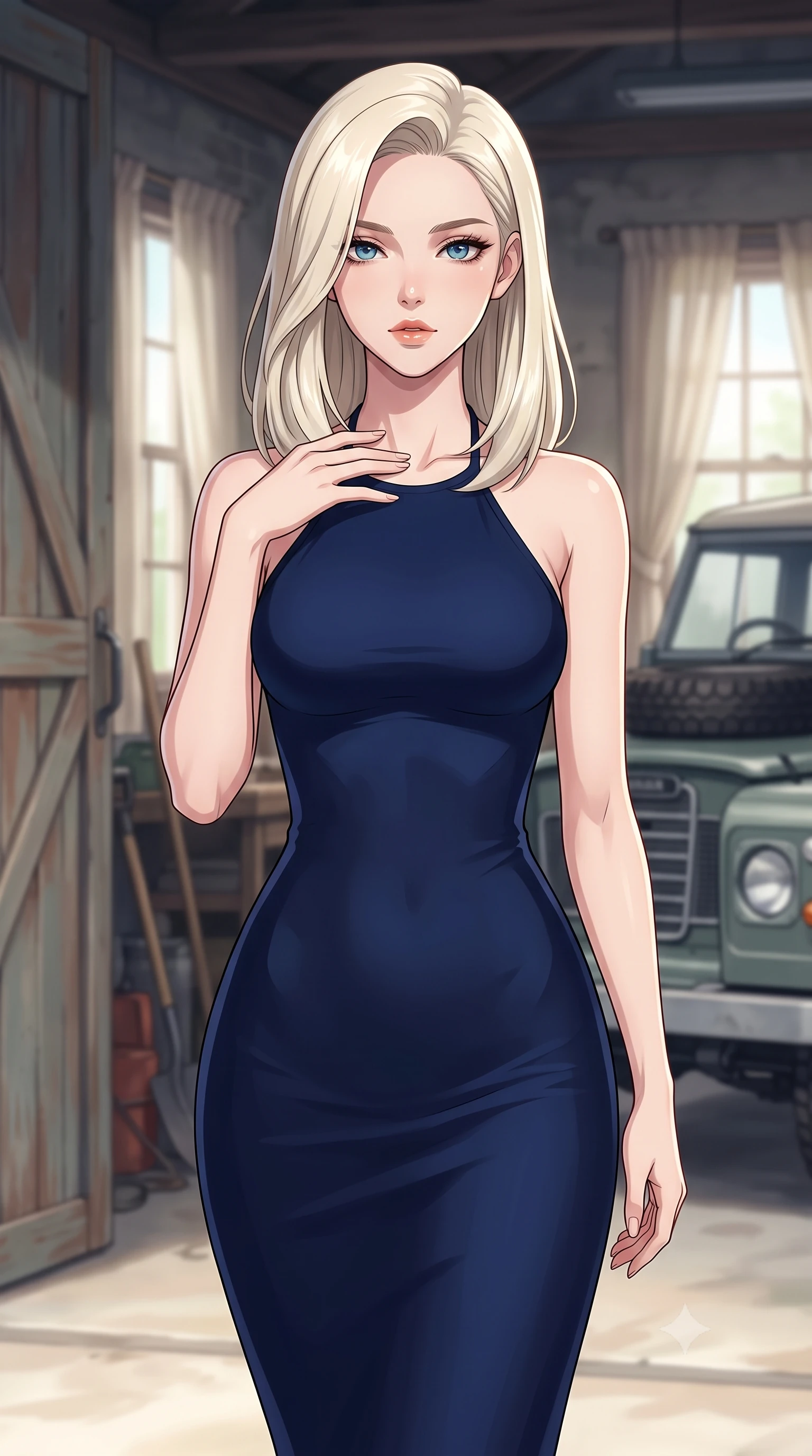 score_9, masterpiece, best quality, ultra-detailed, high-budget anime keyframe, tasteful artistic composition, Caucasian woman. close-up cowboy shot from the waist and thighs up, the character dominates the composition, filling the frame with her large presence, background elements kept in soft focus. standing with one hand resting on her collarbone, looking at the viewer with bedroom-eyes the background shows a soft-focus a cozy cottage garage with wooden doors and a parked classic utility vehicle. She has an exceptionally elegant, slender, and willowy female figure with an ultra-slim waist, a gracefully sculpted slender torso, and a refined silhouette. sharp v-shaped jawline, high-bridge nose, intricate jewel-like eyes with depth, thick eyelashes, glossy lips with a natural sheen. wearing a body-hugging form-fitting halter dress in deep navy blue, contouring her athletic, slender build. soft afternoon daylight filtered through drapes, creating a serene, dreamy mood. highly saturated vibrant anime colors, cel-shading, 2d style, master piece, 9:16 ratio