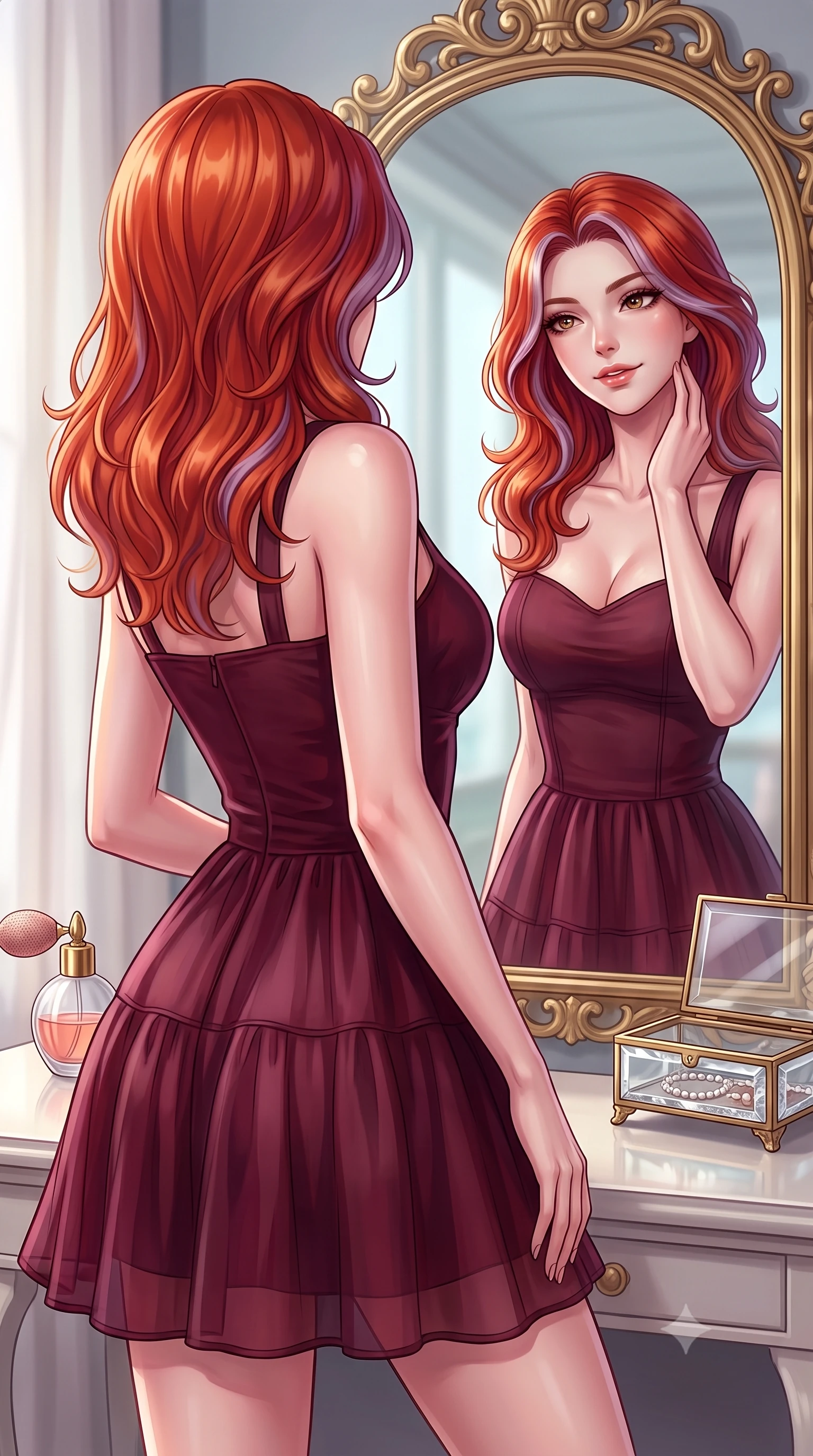 score_9, masterpiece, best quality, ultra-detailed, high-budget anime keyframe, editorial fashion photography, tasteful artistic composition, Caucasian woman. close-up cowboy shot from the waist and thighs up, the character dominates the composition, filling the frame with her large presence, background elements kept in soft focus. gazing into a gilded mirror reflection with a confident, sensual smile, tracing her neck contour set against a soft-focus background of inside an exclusive coastal veranda with a vintage perfume atomizer and crystal jewelry box reflecting soft light. She has an exceptionally elegant, slender, and willowy female figure with an ultra-slim waist, a gracefully sculpted slender torso, and a refined silhouette. sharp v-shaped jawline, high-bridge nose, intricate jewel-like eyes with depth, thick eyelashes, glossy lips with a natural sheen. wearing form-contouring deep burgundy sheer organza flowy linen sundress with a comfortable tiered skirt silhouette featuring refined tailored seams. accented by a single dramatic key light highlighting her statuesque posture and slim waist. highly saturated vibrant anime colors, detailed shading with soft gradients, rich glossy textures, high-contrast stereoscopic depth, volumetric dynamic lighting, master piece, 9:16 ratio