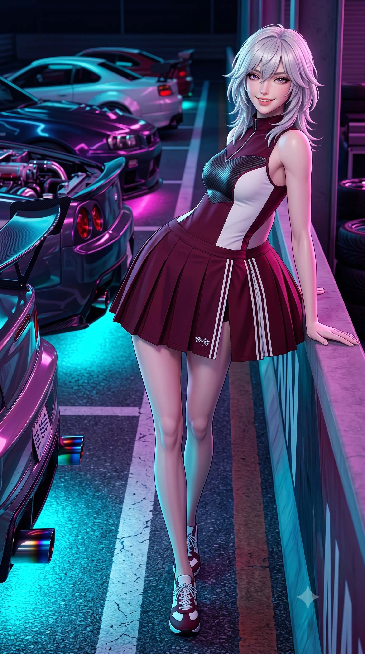 score_9, masterpiece, best quality, ultra-detailed, high-budget anime keyframe, semi-realistic 3D game render, editorial fashion photography, tasteful artistic composition, Japanese woman. low angle full-body shot from head to toe showing her feet, filling the entire 9:16 vertical frame with her statuesque presence, stretching her vertical silhouette. leaning deep against the pit lane barrier with hips cocked back in an unapologetically alluring high-fashion stance, flashing a warm beaming smile while walking slowly down the row of roaring tuned engines with sovereign swagger, her long slender legs and hourglass curves commanding the car meet. The surrounding environment is rendered in vivid detail and crisp panoramic clarity: sharp titanium exhaust tip heat-burn discoloration, glossy car paint reflections, and asphalt parking bay line clarity in deep focus. She has an absolutely perfect, statuesque 8.5-heads proportion, an exceptionally tall and slender model-like female figure with impossibly long slender legs, an ultra-slim waist, a flat toned midriff, narrow delicate ribcage, and beautifully sculpted feminine hips creating a graceful, slim hourglass silhouette without any bulky heaviness. sharp v-shaped jawline, high-bridge nose, sparkling eyes with athletic focus and depth, thick curled eyelashes, glossy parted lips with a natural coral-peach sheen, bright confident and coquettish smile with alluring bedroom-eyes, exuding both youthful sporty vigor and sovereign high-society glamour, flawlessly proportioned anatomical accuracy, strict slender model proportions, natural body alignment, perfectly sculpted long slender limbs, ultra-slim waistline, clean dynamic posture without body distortion. wearing a sleeveless high-collar racing bodysuit with carbon-fiber chestplate accents and a pleated wrap tennis skirt with side hip slit in rich burgundy wine and crisp court white, tailored from crisp cotton poplin with clean aerodynamic structural lines, finished with contrasting racing stripe tape and subtle checkered flag embroidery, the form-fitting tailored bodice adhering flawlessly to her sculpted flat midriff and slender torso, emphasizing her long leg lines and perfectly proportioned willowy build. bathed in intense saturated underglow neons in electric cyan and magenta contrasting with night shadows. highly saturated vibrant anime colors, detailed shading with soft gradients, rich glossy textures, high-contrast stereoscopic depth, volumetric dynamic lighting, master piece, 9:16 ratio