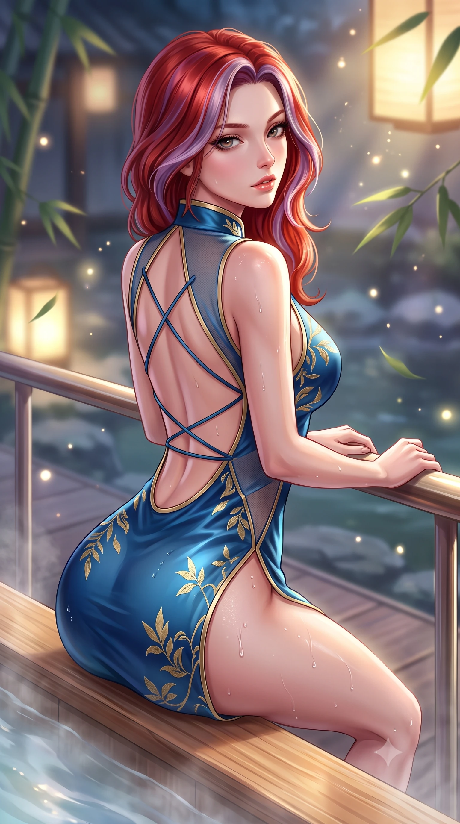 score_9, masterpiece, best quality, ultra-detailed, high-budget anime keyframe, semi-realistic 3D game render, editorial fashion photography, tasteful artistic composition, Caucasian woman. close-up cowboy shot from the waist and thighs up, the character dominates the composition, filling the frame with her large presence. leaning forward against the polished railing with her hips cocked back, creating an intoxicating curve from her narrow waist to sculpted hips as she gazes back into the lens while perching on the smooth cedar wood rim of a steaming outdoor footbath, water droplets beading on her hip as she glances back with parted glossy lips. The composition keeps background elements in soft focus with creamy bokeh. drifting bamboo leaves and glowing lantern light rays scattering soft luminous light motes. She has an exceptionally elegant, slender, and willowy female figure with an ultra-slim waist, a gracefully sculpted slender torso, toned flat midriff, and rounded feminine hips creating an alluring hourglass silhouette. sharp v-shaped jawline, high-bridge nose, intricate jewel-like eyes with depth, thick eyelashes, glossy parted lips with a natural sheen, intensely captivating and seductive bedroom-eyes expression, flawlessly proportioned anatomical accuracy, strict slender model proportions, natural body alignment, perfectly sculpted long slender limbs, ultra-slim waistline, clean dynamic posture without body distortion. wearing a wet-look silk fusion wrap dress with asymmetrical sheer mesh cutouts and high Mandarin collar in deep azure blue and gold leaf embroidery, tailored from smooth liquid silk satin adhering seamlessly to her wet skin, finished with a dramatic open back framed by criss-cross delicate silk cords, the dramatically scooped open back descending to the base of her spine, accentuating her razor-sharp statuesque lines and curvy hourglass silhouette. surrounded by a tranquil, poetic, and deeply sensual Japanese ryokan muse aura. highly saturated vibrant anime colors, detailed shading with soft gradients, rich glossy textures, high-contrast stereoscopic depth, volumetric dynamic lighting, master piece, 9:16 ratio