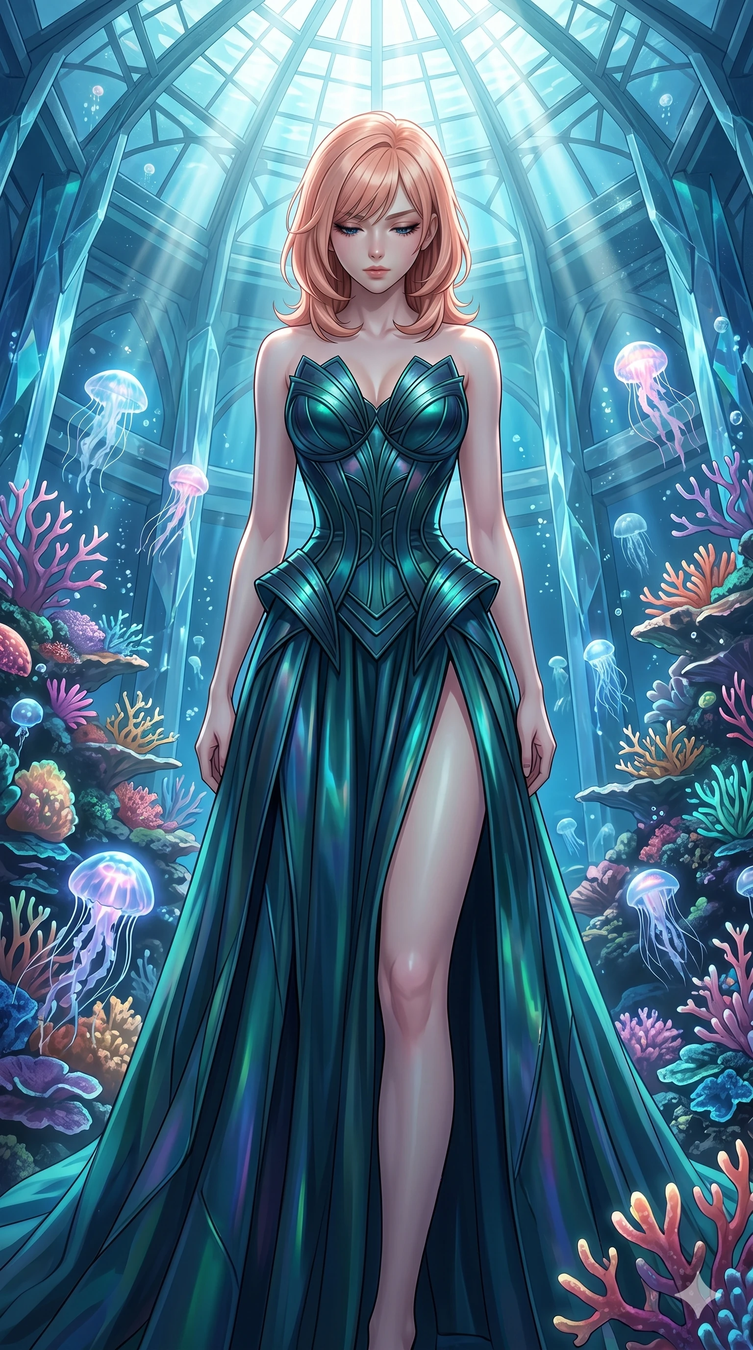 score_9, masterpiece, best quality, ultra-detailed, high-budget anime keyframe, editorial fashion photography, tasteful artistic composition, Japanese woman. cowboy shot from the thighs up, character and outfit filling the frame for maximum editorial presence. Looking down with lowered lashes and a composed, powerful expression within a submerged futuristic palace surrounded by bioluminescent coral and jellyfish. She has an absolutely perfect 8-heads proportion, an exceptionally tall and slender female figure with impossibly long slender legs and an ultra-slim waist. V-shaped jawline, high-bridge nose, intricate jewel-like eyes with depth, thick eyelashes, glossy lips with a natural sheen. wearing an architectural waist-cinching sculptural gown in iridescent dark teal with an elaborate structured bodice, a dramatically nipped waist, and a full floor-length skirt with bold elegant side slit. drenched in cinematic god-ray sunlight descending from a vaulted glass ceiling, illuminating her form. 2k, ultra detail, master piece, 9:16 ratio