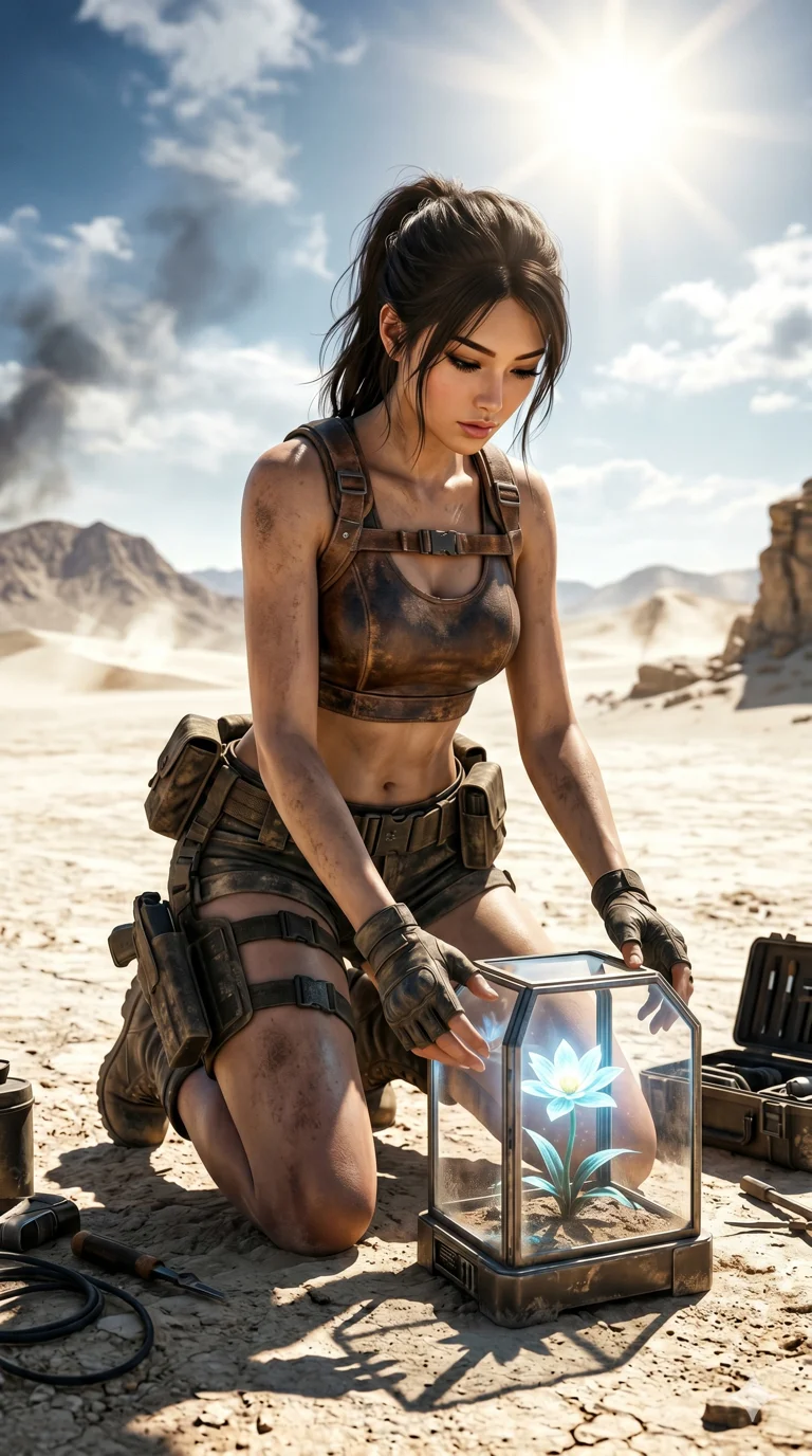 score_9, masterpiece, best quality, ultra-detailed, photorealistic 8k CG render, an incredibly beautiful Japanese woman. Medium shot of upper body focusing on her alluring features and slim-fit silhouette, filling the vertical 9:16 frame. She is a bio-engineer cultivating a single glowing flower in a vast desert wasteland. She possesses a statuesque height and a towering silhouette, highlighting her long slender legs and perfect 8-heads proportion. Her face is a flawless masterpiece with a sharp v-shaped jawline, high-bridge nose, expressive jewel-like eyes, thick eyelashes, and perfectly glossy lips. She is wearing a weathered leather crop top and high-cut shorts with tactical gear. A desolate white desert under a burning sun, dramatic shadows, 2k, ultra detail, master piece, 9:16 ratio