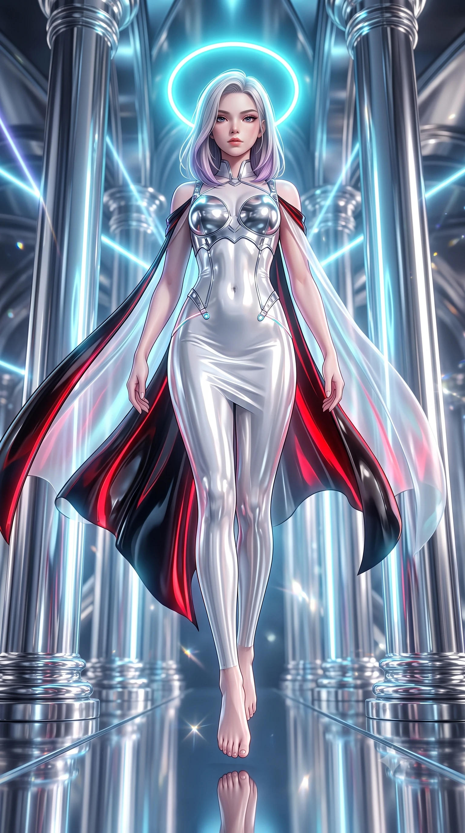 score_9, masterpiece, best quality, ultra-detailed, high-budget anime keyframe, semi-realistic 3D game render, editorial fashion photography, tasteful artistic composition, Caucasian woman. low angle full-body shot from head to toe showing her feet, filling the entire 9:16 vertical frame with her statuesque presence, stretching her vertical silhouette. performing an alluring mid-air vault with flawless poise, looking directly into the camera with regal, divine intensity while striding commanding between colossal polished chrome pillars in a futuristic cyber-cathedral as a floating neon halo rotates behind her head. The composition keeps background elements in soft focus with creamy bokeh. brilliant laser light beams and chrome specular glints scattering radiant motes across a soft backdrop. She has an absolutely perfect, statuesque 8.5-heads proportion, an exceptionally tall and slender model-like female figure with impossibly long slender legs, a toned flat midriff, and an ultra-slim waist. sharp v-shaped jawline, high-bridge nose, intricate jewel-like eyes with depth, thick eyelashes, glossy lips with a natural sheen, flawlessly proportioned anatomical accuracy, strict slender model proportions, natural body alignment, perfectly sculpted long slender limbs, ultra-slim waistline, clean dynamic posture without body distortion. wearing a form-contouring white liquid-mercury gown with polished silver biomechanical breastplate and flowing luminescent chiffon cape in high-gloss obsidian black and burning laser crimson accents, crafted from ultra-reflective second-skin liquid metal with a mirror-like polish, reinforced by a sleek metallic chrome harness and delicate glowing micro-straps, the form-contouring material adhering flawlessly to her sculpted flat midriff and slender torso, emphasizing her long leg lines and perfectly proportioned willowy build. bathed in brilliant neon cyan halo backlighting and polished chrome surface reflections. rich saturated anime colors with glowing neon highlights, detailed shading with soft gradients, rich glossy textures, high-contrast stereoscopic depth, volumetric dynamic lighting, master piece, 9:16 ratio