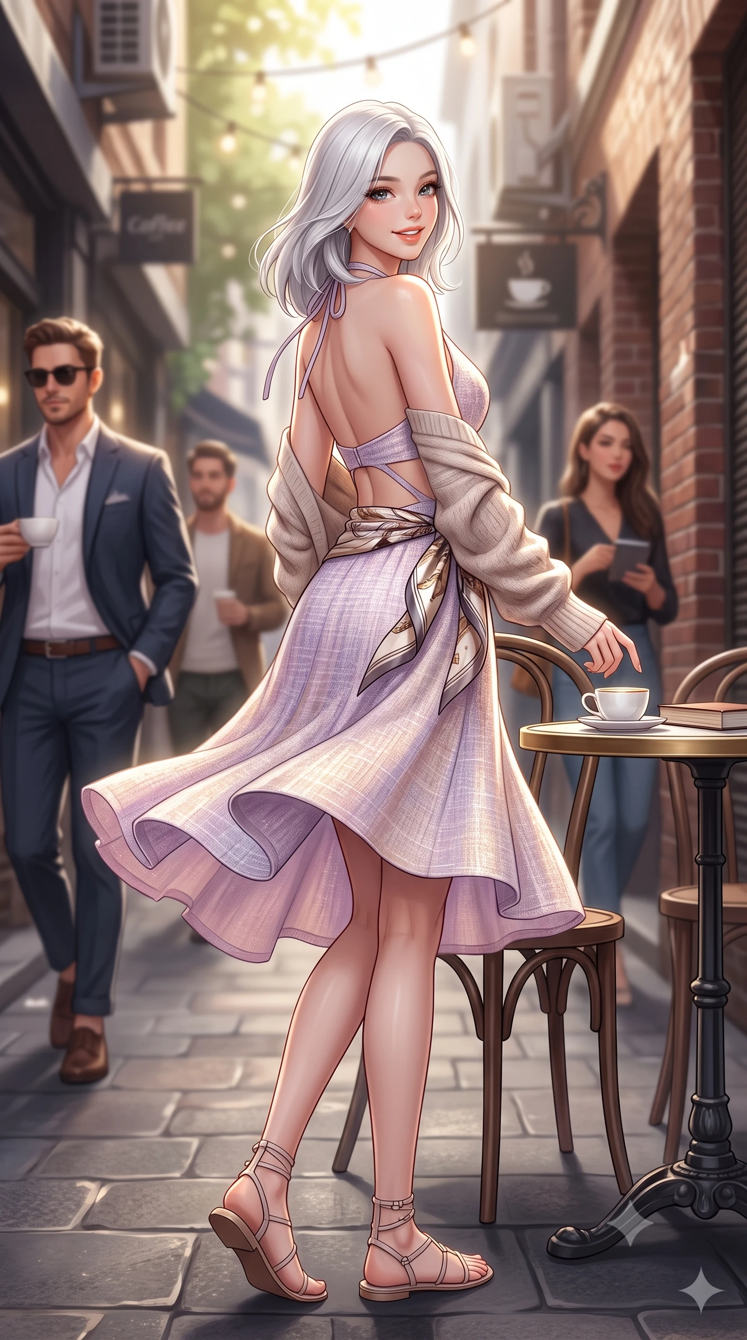 score_9, masterpiece, best quality, ultra-detailed, high-budget anime keyframe, semi-realistic 3D game render, editorial fashion photography, tasteful artistic composition, Korean woman. low angle full-body shot from head to toe showing her feet, filling the entire 9:16 vertical frame with her statuesque presence, stretching her vertical silhouette. executing a cheerful mid-motion pivot turn as her skirt flutters around her slender legs, glancing over her shoulder with an intoxicating, teasing cute expression while sitting gracefully at a small outdoor espresso table in the bustling laneway, arching her lower back with a charming, bright cute smile. The composition keeps background elements in soft focus with dreamy creamy bokeh. dappled laneway light and passing stylish coffee-drinkers softened in trendy Melbourne shallow focus. She has an exceptionally tall and slender model-like 8.5-heads proportion, an ultra-slim waist, a flat toned midriff, narrow delicate ribcage, and beautifully sculpted feminine hips creating a graceful, slim hourglass silhouette without any bulky heaviness, with impossibly long slender legs. sharp v-shaped jawline, high-bridge nose, intricate jewel-like sparkling eyes with depth, thick eyelashes, glossy parted lips with a natural peach sheen, bright cheerful beaming smile with an enchanting and coquettish sensual glint, exuding both youthful cute charm and seductive allure, flawlessly proportioned anatomical accuracy, strict slender model proportions, natural body alignment, perfectly sculpted long slender limbs, ultra-slim waistline, clean dynamic posture without body distortion. wearing a backless pastel halter sundress with side-waist diamond cutouts and an ultra-fitted hip-hugging silhouette in soft lilac and champagne shimmer, tailored from soft pastel tweed with subtle metallic shimmer, complemented by an oversized soft knit cardigan slipping off one bare shoulder, the form-contouring cut accentuating her sculpted flat midriff, narrow delicate ribcage, and gracefully curvy hips with supermodel precision. illuminated by warm street bounce light sharply defining her sculpted collarbones, ultra-slim waist, and curvy hips. highly saturated vibrant anime colors, detailed shading with soft gradients, rich glossy textures, high-contrast stereoscopic depth, volumetric dynamic lighting, master piece, 9:16 ratio