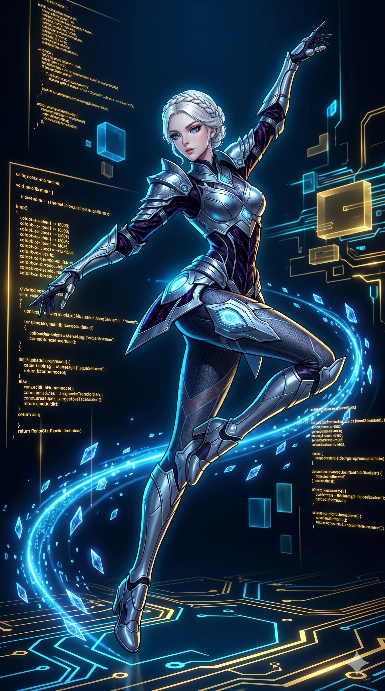 score_9, masterpiece, best quality, ultra-detailed, High-budget Anime Keyframe, vibrant colors, fluid line-art, expressive lighting, cinematic composition, Ufotable-style visual effects, top-tier animation quality, Japanese woman with delicate and elegant anime-inspired features. Wide-angle low shot emphasizing her impossibly long slender legs and commanding stature. Dancing gracefully with floating data-shards and crystalline fragments in a minimalist digital void, her movements leaving trails of glowing blue light. She has an absolutely perfect 8-heads proportion, an exceptionally tall and slender female figure with impossibly long slender legs and an ultra-slim waist, her statuesque height and towering silhouette dominating the vertical 9:16 frame. Her face is a masterpiece featuring a sharp v-shaped jawline, high-bridge nose, intricate jewel-like eyes with depth, thick eyelashes, and glossy lips with a natural sheen. She is wearing a Metallic light armor with sharp, aggressive edges and integrated energy-shield generators crafted from Crushed dark velvet with a deep, rich texture that absorbs light and glows at the edges, accompanied by patterned tights and metallic boots. The scene is set in an abstract digital void with floating golden geometric shapes and rivers of flowing code, illuminated by harsh neon light and deep shadows creating a high-contrast noir aesthetic. 2k, ultra detail, master piece, 9:16 ratio