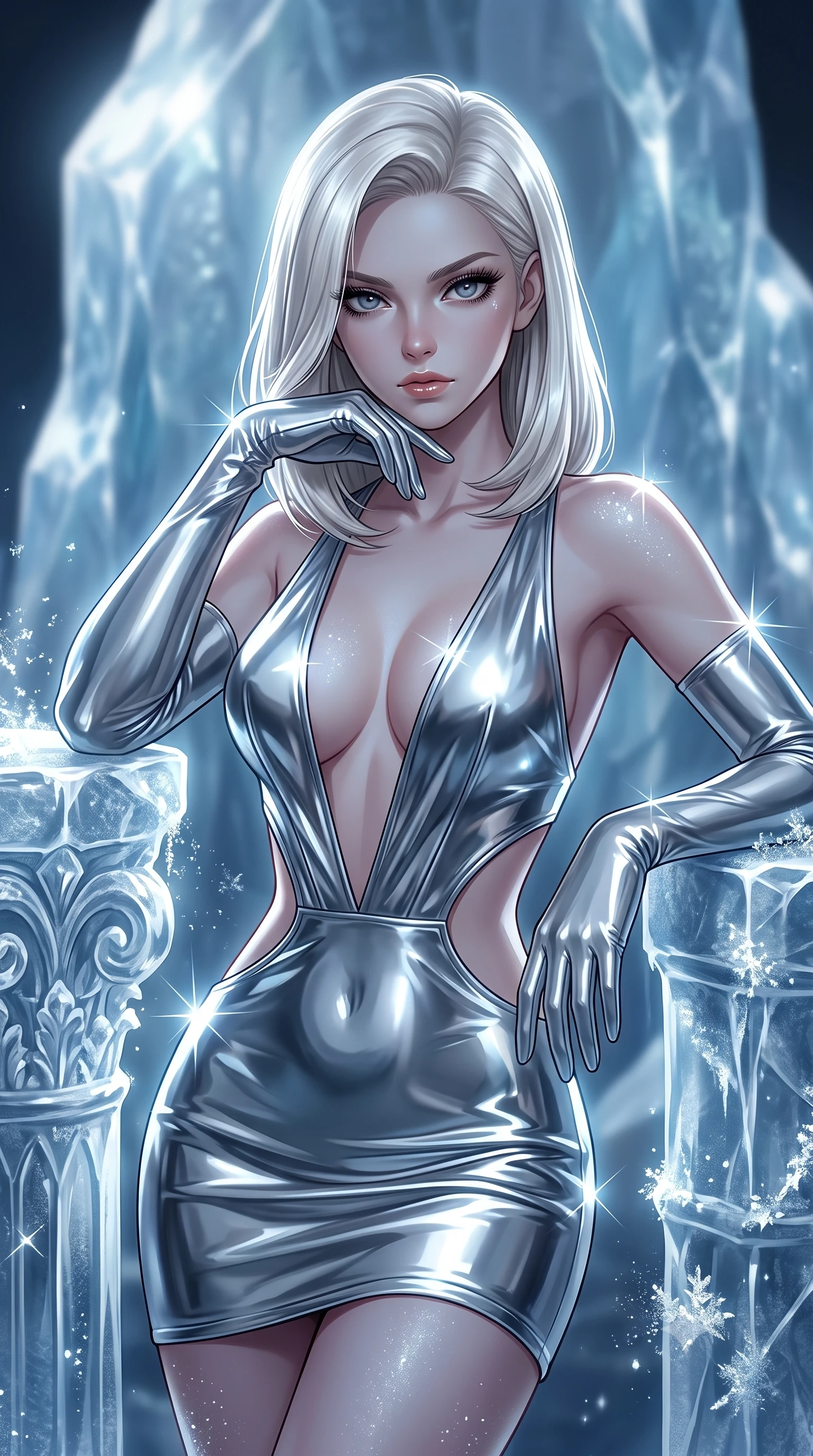 score_9, masterpiece, best quality, ultra-detailed, high-budget anime keyframe, editorial fashion photography, tasteful artistic composition, Caucasian woman. close-up cowboy shot from the waist and thighs up, the character dominates the composition, filling the frame with her large presence, background elements kept in soft focus. Resting her chin on the backs of her fingers, casting a sharp, mysterious gaze resting against a carved ice pillar as crystalline frost sparkles around her, sharp crystalline specular highlights emphasizing her statuesque poise. She has an exceptionally elegant, slender, and willowy female figure with an ultra-slim waist, a gracefully sculpted slender torso, and a refined silhouette. sharp v-shaped jawline, high-bridge nose, intricate jewel-like eyes with depth, thick eyelashes, glossy lips with a natural sheen. wearing a liquid mercury gloss mini dress with ultra-deep plunging V-neck and dramatic waist cutouts, the glove-like fit emphasizing her statuesque silhouette. bathed in cold silver moonlight filtered through translucent glacial ice. highly saturated vibrant anime colors, detailed shading with soft gradients, rich glossy textures, high-contrast stereoscopic depth, volumetric dynamic lighting, master piece, 9:16 ratio