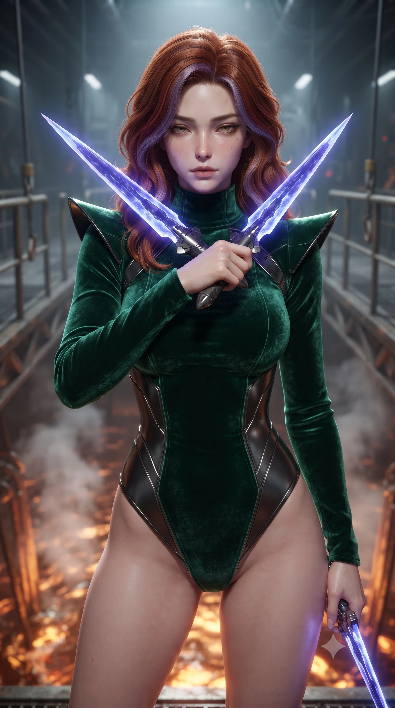 score_9, masterpiece, best quality, ultra-detailed, high-budget anime keyframe, editorial fashion photography, tasteful artistic composition, Caucasian woman. close-up cowboy shot from the waist and thighs up, the character dominates the composition, filling the frame with her large presence, background elements kept in soft focus. holding two energy daggers crossed in front of her elegant collarbone, casting a heavy-lidded, sultry look, the background shows a soft-focus a reef maintenance catwalk suspended over a deep chasm of liquid metal. She has an exceptionally elegant, slender, and willowy female figure with an ultra-slim waist, a gracefully sculpted slender torso, and a refined silhouette. sharp v-shaped jawline, high-bridge nose, intricate jewel-like eyes with depth, thick eyelashes, glossy lips with a natural sheen. wearing a tailored form-contouring deep emerald green velvet bodysuit with a high mock-neck collar and structured shoulder guards. focused white spotlights highlighting the glossy textures of her sleek outfit. ultra-reflective glossy finish, specular highlights, metallic sheen, high-contrast stereoscopic depth, volumetric dynamic lighting, 2k, ultra detail, master piece, 9:16 ratio