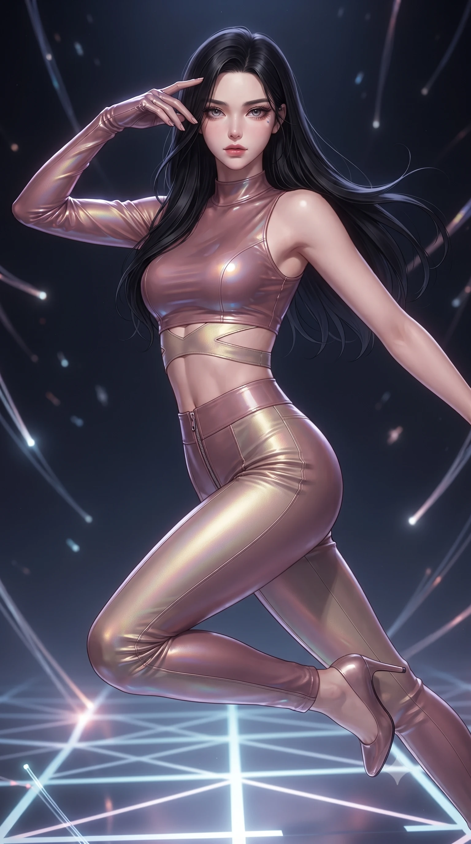 score_9, masterpiece, best quality, ultra-detailed, high-budget anime keyframe, editorial fashion photography, tasteful artistic composition, Korean woman. close-up cowboy shot from the waist and thighs up, the character dominates the composition, filling the frame with her large presence, background elements kept in soft focus. Resting her fingers gracefully near her temple, casting a sharp mysterious side-gaze during her stride while leaping across a geometric light matrix with glowing filament threads fluttering behind her, glowing fiber optic motes drifting like fireflies in the dark background. She has an exceptionally elegant, slender, and willowy female figure with an ultra-slim waist, a gracefully sculpted slender torso, and a refined silhouette. sharp v-shaped jawline, high-bridge nose, intricate jewel-like eyes with depth, thick eyelashes, glossy lips with a natural sheen, flawlessly proportioned anatomical accuracy, natural body alignment, perfectly sculpted elegant limbs, clean dynamic posture without body distortion. wearing a glossy vinyl crop top and high-waist tailored leggings with sleek zippers in dusty rose and champagne gold, crafted from iridescent chiffon that shifts colors in the light, featuring subtle geometric cutouts that highlight her ultra-slim midriff, the glove-like fit emphasizing her statuesque silhouette during motion. surrounded by a vibrant fluorescent aura with bright specular rim lights. ultra-reflective glossy finish, specular highlights, metallic sheen, high-contrast stereoscopic depth, volumetric dynamic lighting, 2k, ultra detail, master piece, 9:16 ratio
