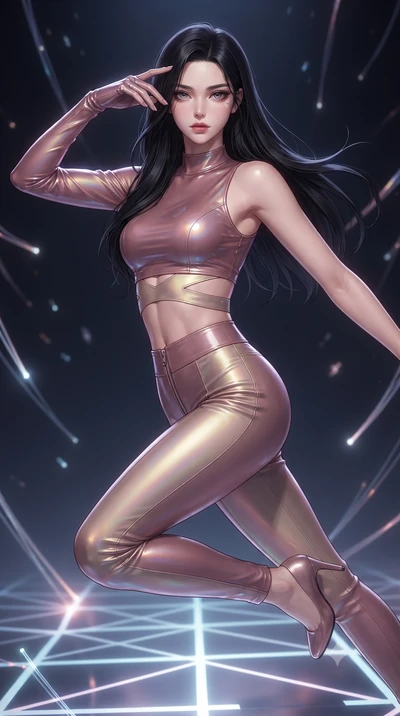 score_9, masterpiece, best quality, ultra-detailed, high-budget anime keyframe, editorial fashion photography, tasteful artistic composition, Korean woman. close-up cowboy shot from the waist and thighs up, the character dominates the composition, fi