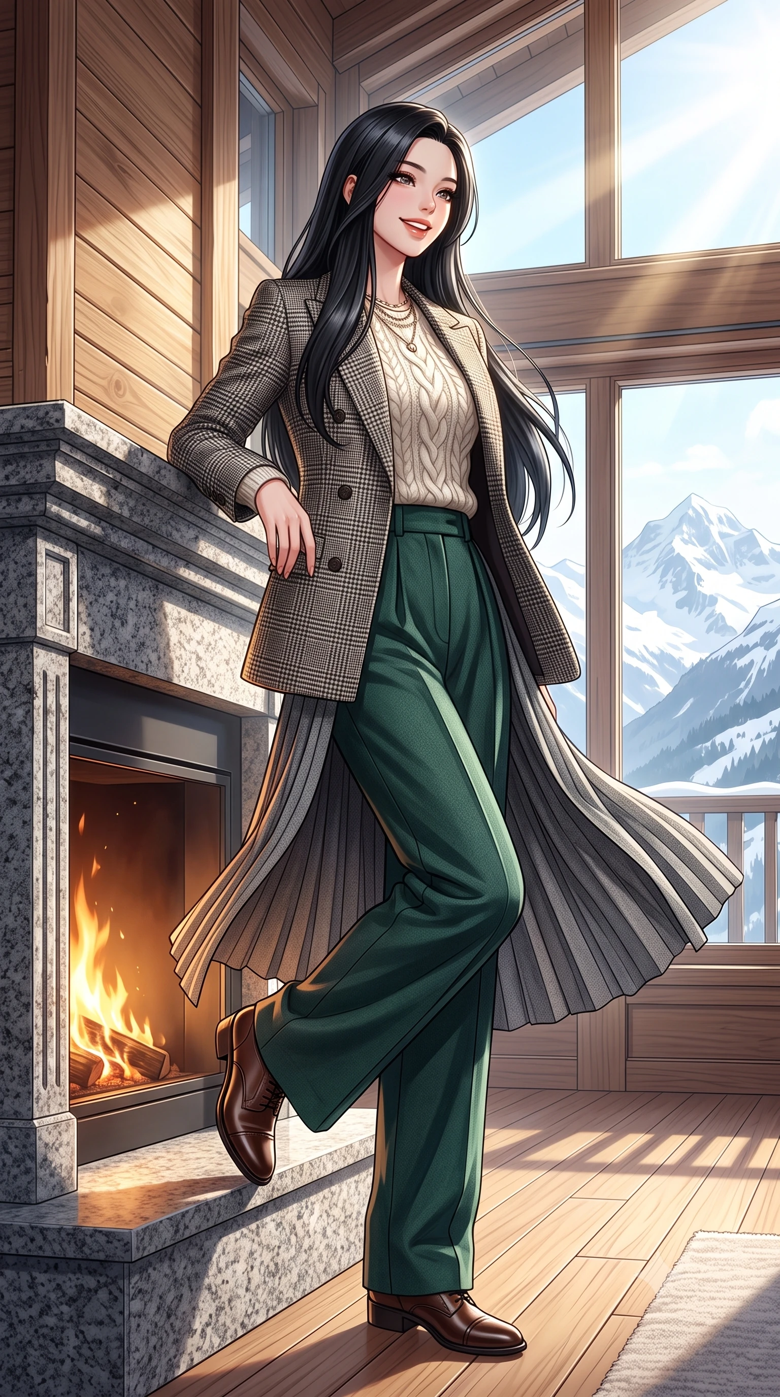 score_9, masterpiece, best quality, ultra-detailed, high-budget anime keyframe, semi-realistic 3D game render, editorial fashion photography, tasteful artistic composition, Korean woman. low angle full-body shot from head to toe showing her feet, filling the entire 9:16 vertical frame with her statuesque presence, stretching her vertical silhouette. executing an elegant pivot turn as the hem of her pleated wool skirt sways rhythmically, glancing back with joyful radiance while leaning with effortless supermodel poise against the granite fireplace mantel, one boot resting lightly on the hearth ledge. The surrounding environment is rendered in vivid detail and crisp panoramic clarity: detailed chunky fisherman cable-knit sweater texture, brushed wool flannel slacks, and alpine lodge architecture in razor-sharp precision. She has an exceptionally tall and slender model-like 8.5-heads proportion, an ultra-slim waist, a flat toned midriff, narrow delicate ribcage, and beautifully sculpted feminine hips creating a graceful, slim hourglass silhouette without any bulky heaviness, with impossibly long slender legs. sharp v-shaped jawline, high-bridge nose, intricate jewel-like sparkling eyes with depth, thick eyelashes, glossy parted lips with a natural peach sheen, bright cheerful beaming smile with an enchanting and coquettish sensual glint, exuding both youthful cute charm and seductive allure, flawlessly proportioned anatomical accuracy, strict slender model proportions, natural body alignment, perfectly sculpted long slender limbs, ultra-slim waistline, clean dynamic posture without body distortion. wearing a double-breasted Prince of Wales check tailored wool blazer paired with high-waisted pleated wide-leg trousers in St. Moritz pine forest emerald and heather grey, crafted from ultra-soft Mongolian cashmere with exquisite insulating warmth and tactile softness, complemented by classic polished leather oxfords with brogue perforations, the sharp shoulder tailoring and gently nipped waist framing her slender torso with pristine sartorial perfection. bathed in the dramatic high-altitude Swiss mountain sunlight streaming through panoramic windows mixed with golden hearth firelight. highly saturated vibrant anime colors, detailed shading with soft gradients, rich glossy textures, high-contrast stereoscopic depth, volumetric dynamic lighting, master piece, 9:16 ratio