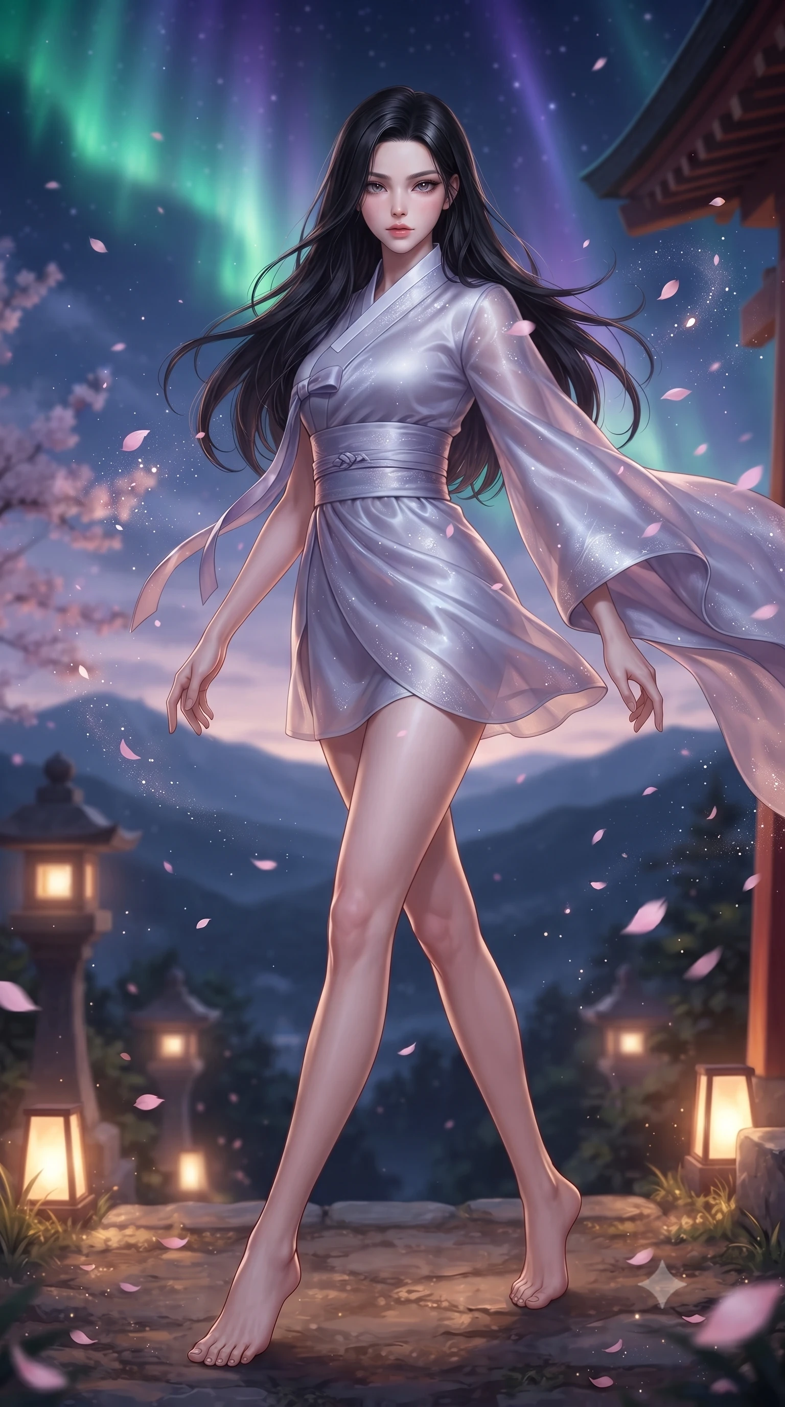 score_9, masterpiece, best quality, ultra-detailed, high-budget anime keyframe, editorial fashion photography, tasteful artistic composition, Korean woman. low angle full-body shot from head to toe showing her feet, filling the entire 9:16 vertical frame with her statuesque presence, stretching her vertical silhouette. pivoting dynamically with supreme athletic balance and poise, her impossibly long slender legs creating a breathtaking line while stepping along the mountain crest path as wind whips cherry blossom petals and stardust around her statuesque silhouette. The composition keeps background elements in soft focus with creamy bokeh. glowing stone lanterns and wooden shrine eaves softened in cinematic shallow depth of field. She has an absolutely perfect, statuesque 8.5-heads proportion, an exceptionally tall and slender model-like female figure with impossibly long slender legs, a toned flat midriff, and an ultra-slim waist. sharp v-shaped jawline, high-bridge nose, intricate jewel-like eyes with depth, thick eyelashes, glossy lips with a natural sheen, captivating and magnetic expression, flawlessly proportioned anatomical accuracy, strict slender model proportions, natural body alignment, perfectly sculpted long slender limbs, ultra-slim waistline, clean dynamic posture without body distortion. wearing a traditional-modern silk fusion wrap dress with asymmetric trailing sleeves and waist-cinching obi in moonlit silver and lavender mist, crafted from traditional Korean gossamer silk organza with pearlescent luster, accessorized with delicate cherry blossom hairpins and glowing paper lantern charms, the breezy yet form-flattering drape swaying gracefully with her steps, accentuating her long willowy limbs and slim waistline. bathed in vibrant emerald and violet aurora light overhead and warm golden lantern uplights from below. ultra-reflective glossy finish, specular highlights, rich textural contrasts, high-contrast stereoscopic depth, volumetric dynamic lighting, 2k, ultra detail, master piece, 9:16 ratio