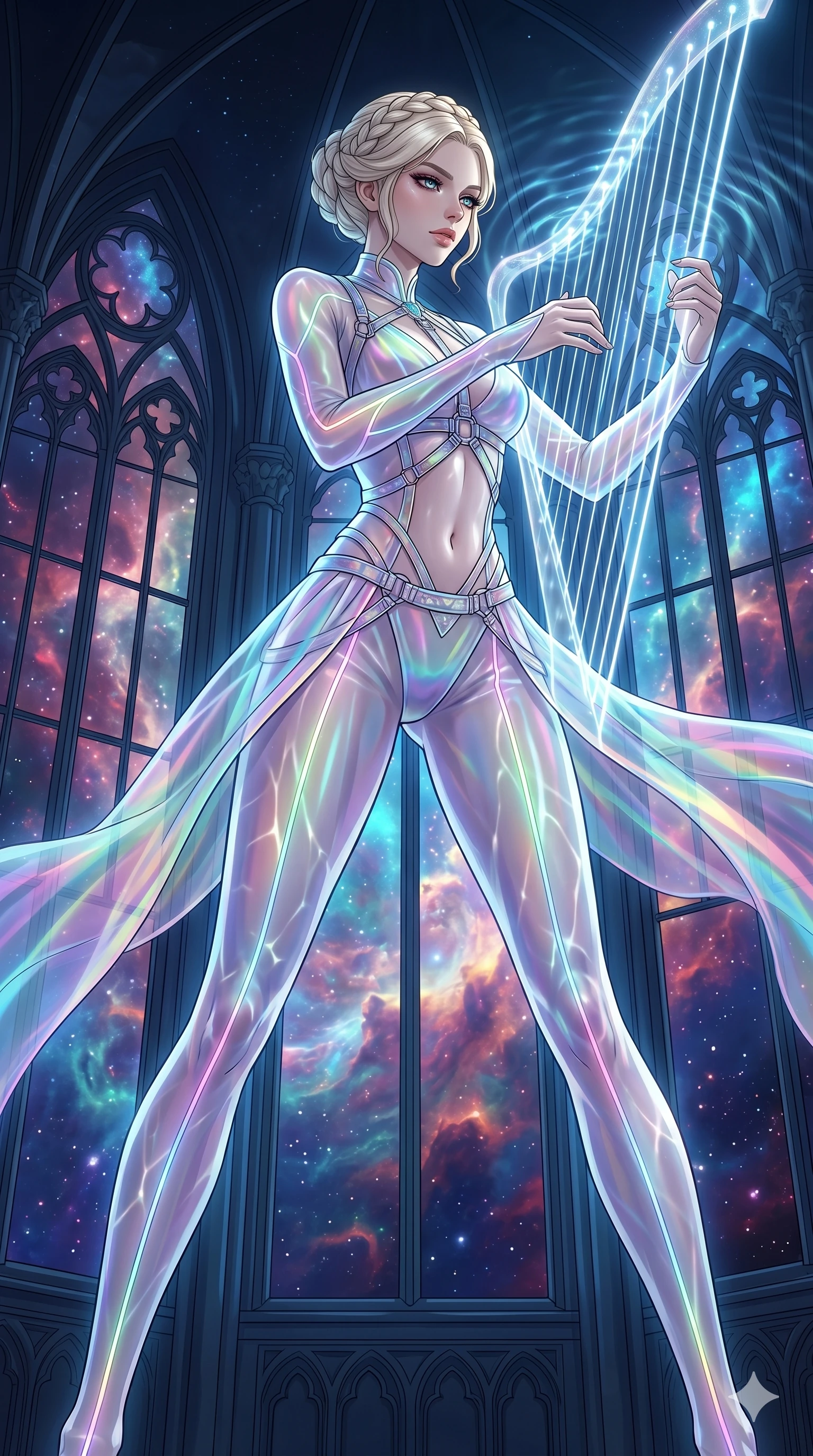 score_9, masterpiece, best quality, ultra-detailed, High-budget Anime Keyframe, vibrant colors, fluid line-art, expressive lighting, cinematic composition, Ufotable-style visual effects, top-tier animation quality, Caucasian woman with pale skin, blonde hair, and (strictly human ears). Cinematic low angle perspective showcasing her towering height and perfect 8-heads proportion. Playing a celestial harp made of strings of pure light, the music creating ripples in the atmosphere around her. She has an absolutely perfect 8-heads proportion, an exceptionally tall and slender female figure with impossibly long slender legs and an ultra-slim waist, her statuesque height and towering silhouette dominating the vertical 9:16 frame. Her face is a masterpiece featuring a sharp v-shaped jawline, high-bridge nose, intricate jewel-like eyes with depth, thick eyelashes, and glossy lips with a natural sheen. She is wearing a Iridescent sheer catsuit with glowing lines that pulse in sync with her heartbeat crafted from Holographic chiffon that changes color with every movement, creating a rainbow effect, with an exposed midriff and a complex harness system that draws the eye. The scene is set in a majestic gothic cathedral in deep space with massive windows overlooking a swirling nebula, illuminated by underwater caustic lighting with ripples of light dancing across her body. 2k, ultra detail, master piece, 9:16 ratio