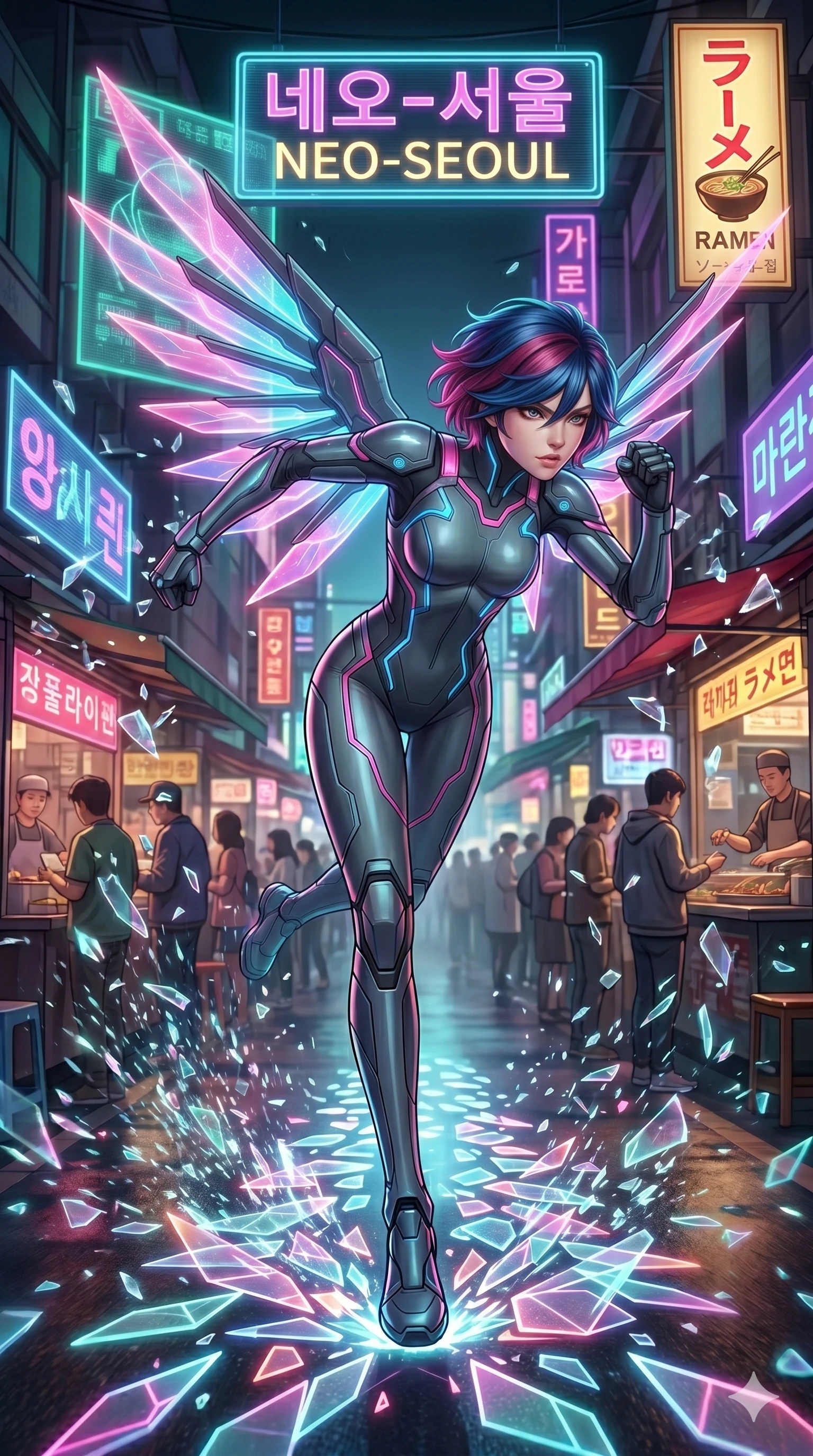 score_9, masterpiece, best quality, ultra-detailed, Set A: High-budget Anime Keyframe, Japanese woman. Low angle cowboy shot filling the entire 9:16 frame with her statuesque presence. Sprinting through a neon-lit Neo-Seoul market, as the ground beneath her turns into 101 shards of light and surrounded by shattered glass fragments. She has an absolutely perfect 8-heads proportion, an exceptionally tall and slender female figure with impossibly long slender legs and an ultra-slim waist. Sharp v-shaped jawline, high-bridge nose, intricate jewel-like eyes with depth, thick eyelashes, glossy lips with a natural sheen. Wearing Cybernetic wingsuit with glowing wing membranes and a sleek pilot bodysuit. Cinematic lighting, vibrant colors, dramatic shadows, 2k, ultra detail, master piece, 9:16 ratio