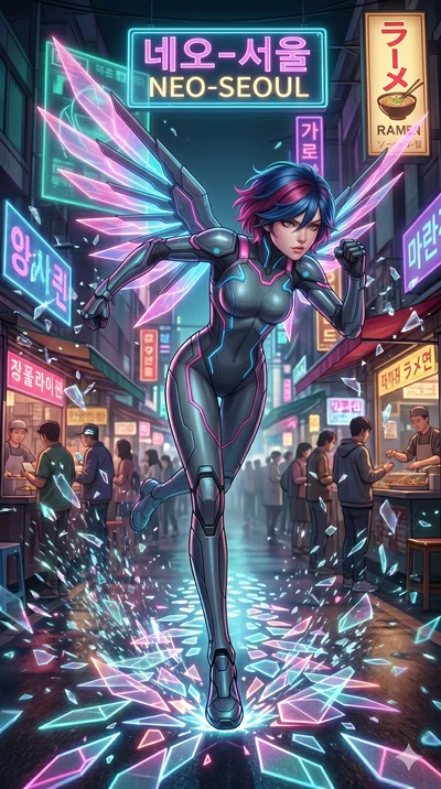 score_9, masterpiece, best quality, ultra-detailed, Set A: High-budget Anime Keyframe, Japanese woman. Low angle cowboy shot filling the entire 9:16 frame with her statuesque presence. Sprinting through a neon-lit Neo-Seoul market, as the ground bene