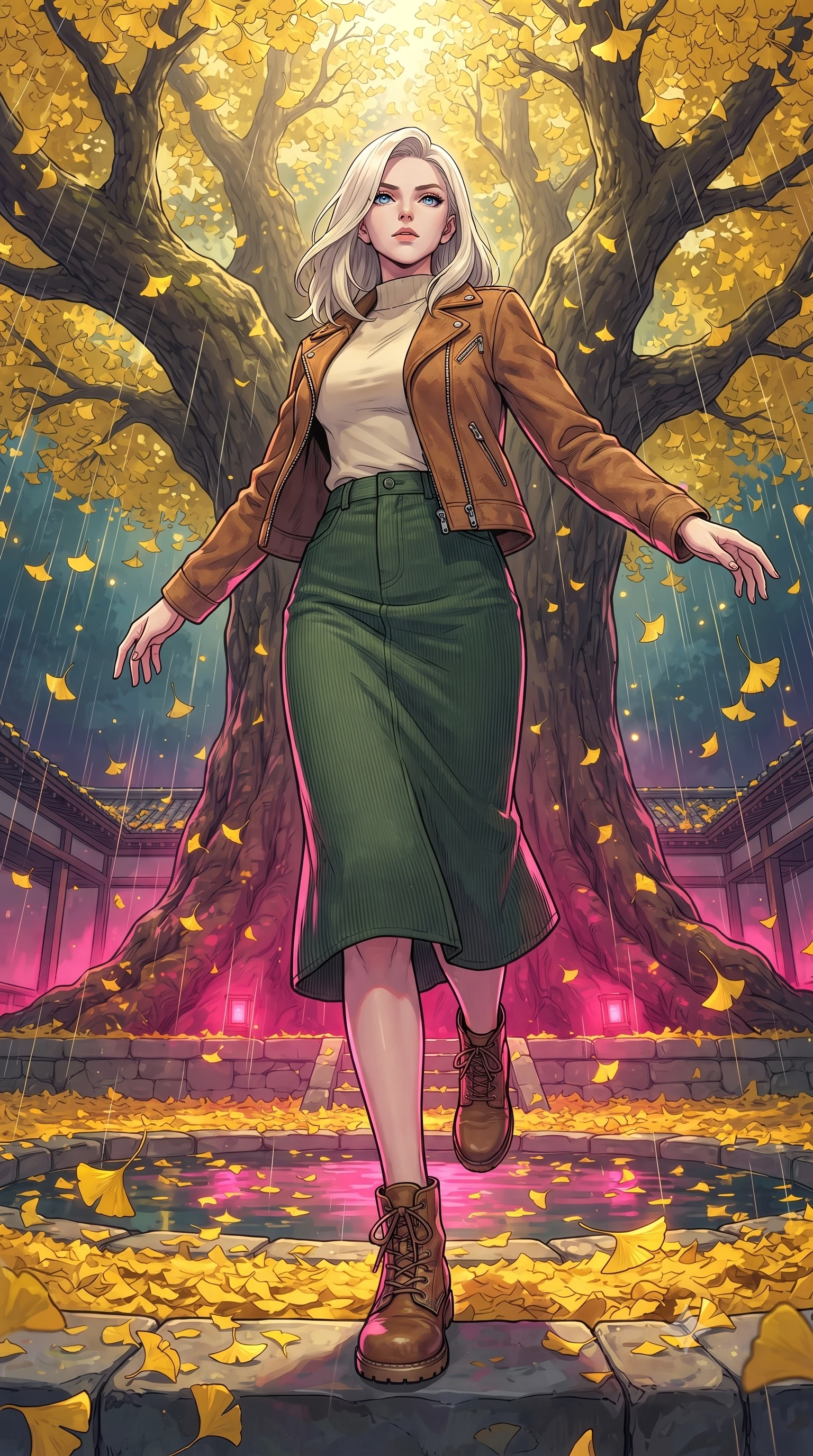 score_9, masterpiece, best quality, ultra-detailed, high-budget anime keyframe, gorgeous anime illustration, with clean line-art, distinct ink outlines, and high-contrast stereoscopic depth, Caucasian woman, strictly human ears. low angle full-body shot from head to toe showing her feet, filling the entire 9:16 vertical frame with her statuesque presence, stretching her vertical silhouette. ascending with powerful grace through under a massive thousand-year-old ginkgo tree with brilliant golden leaves falling like a heavy rain storm, covering a stone courtyard and a traditional pond in a blanket of gold. She has a statuesque 8.5-heads proportion, an exceptionally tall, slender and willowy model-like build with impossibly long legs and a highly sculpted ultra-slim waist. sharp v-shaped jawline, high-bridge nose, intricate jewel-like eyes with depth, thick eyelashes, glossy lips with a natural sheen. wearing a rustic tan suede jacket over a cream mock-neck top and a forest green corduroy midi skirt. dramatic contrast of hot pink furnace glow from below and cool golden light from above. 2k, ultra detail, master piece, 9:16 ratio, highly saturated vibrant anime colors, detailed cel-shading with soft gradients, rich glossy textures, deep contrast, volumetric dynamic lighting, 2d animation style